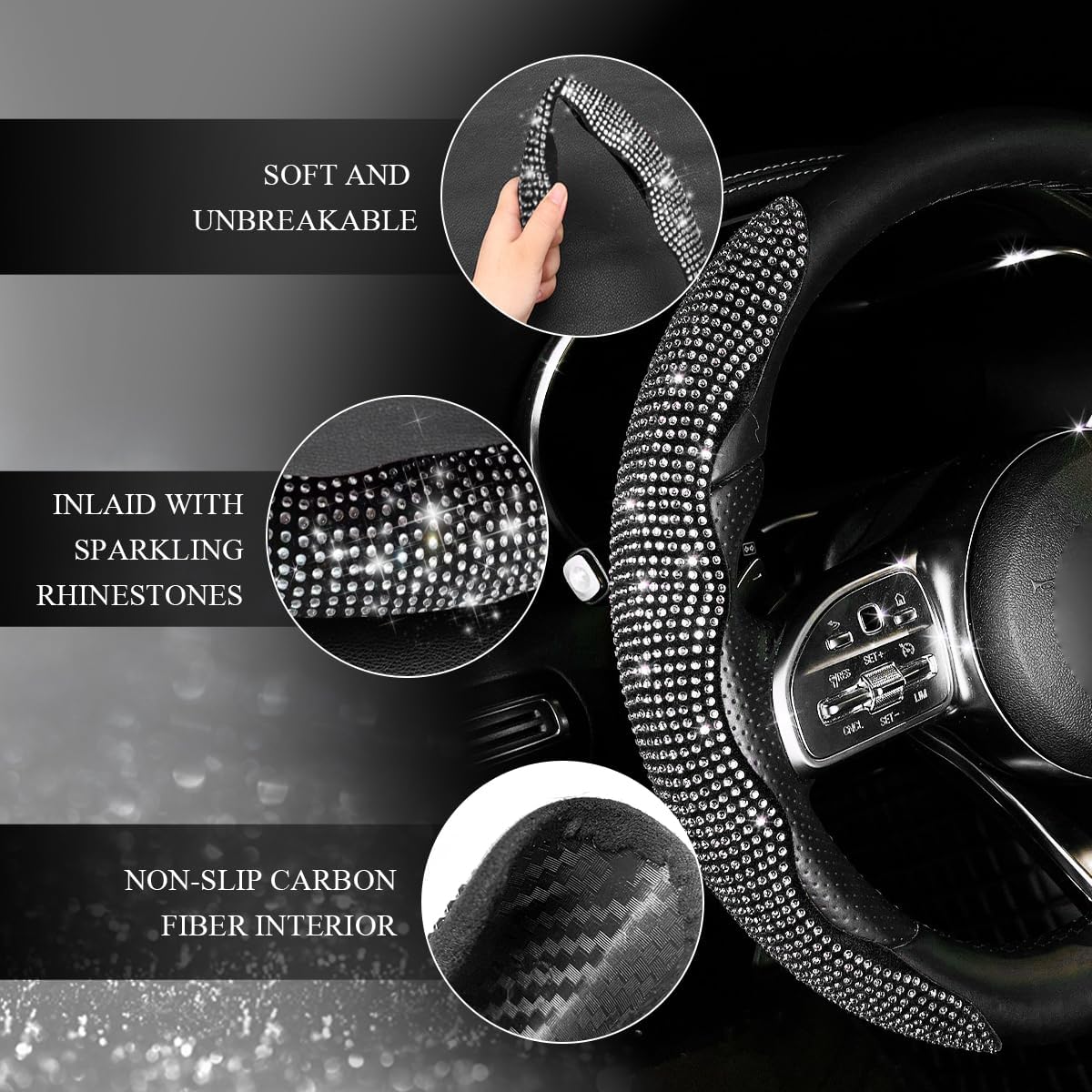2PCS Steering Wheel Cover, Sparkling Rhinestone Segmented Steering Wheel Protector Fit 14-15.6 Inch, Non-Slip Wheel Wrap Cover Bling Car Interior Accessories for Women Girls (Blue)