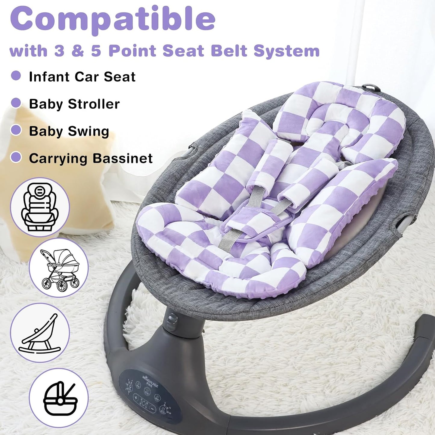 DILIMI Infant Car Seat Insert, Baby Car Seat Head Support with 3 Strap Paddings, Soft Newborn Car Seat Cushion for Stroller, Swing, Bouncers, Purple Checkered