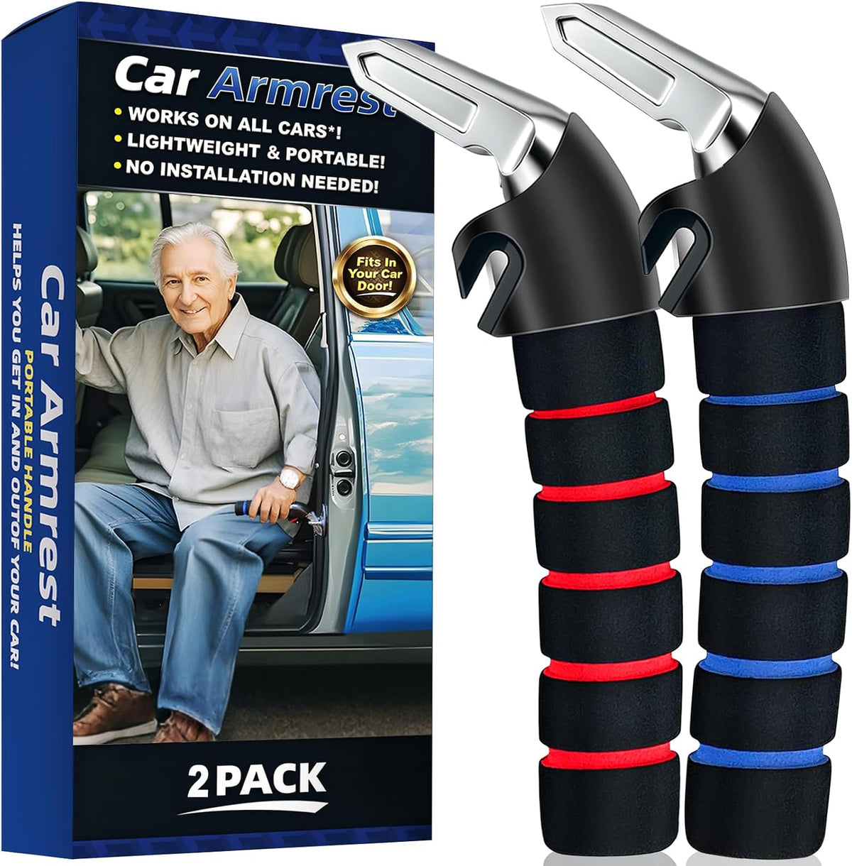 KOUNATSURI Car Handle Assist for Elderly Car Door Handle Multifunction Handle Car Door Latch Handle for Seniors and Handicapped(Blue, Red)