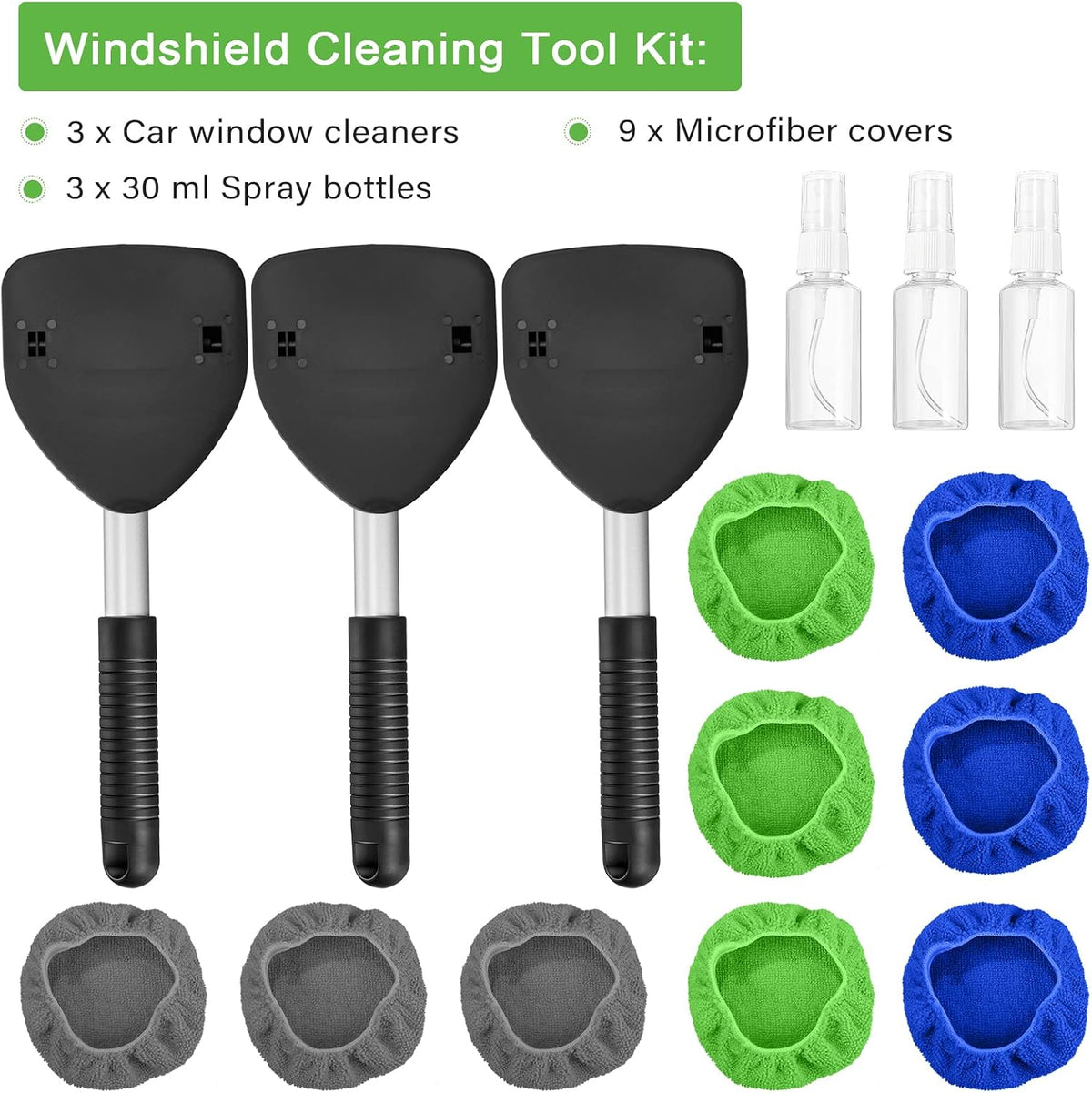 Tallew 3 Pcs Microfiber Car Windshield Cleaner Tool Car Interior Detailing Cleaning Kit with Extendable Handle and 9 Reusable Microfiber Pads Auto Glass Wiper Window Cleaning Kit for Home
