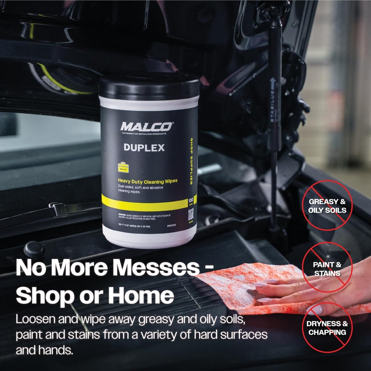Malco Duplex Heavy Duty Cleaning Wipes for Home and Auto - Dual Sided Textured, Wet Wipe/Removes Grease, Tar, Paint, Oil, Dirt/No Residue/Safe for Hands/Made in USA (130 Wipes)