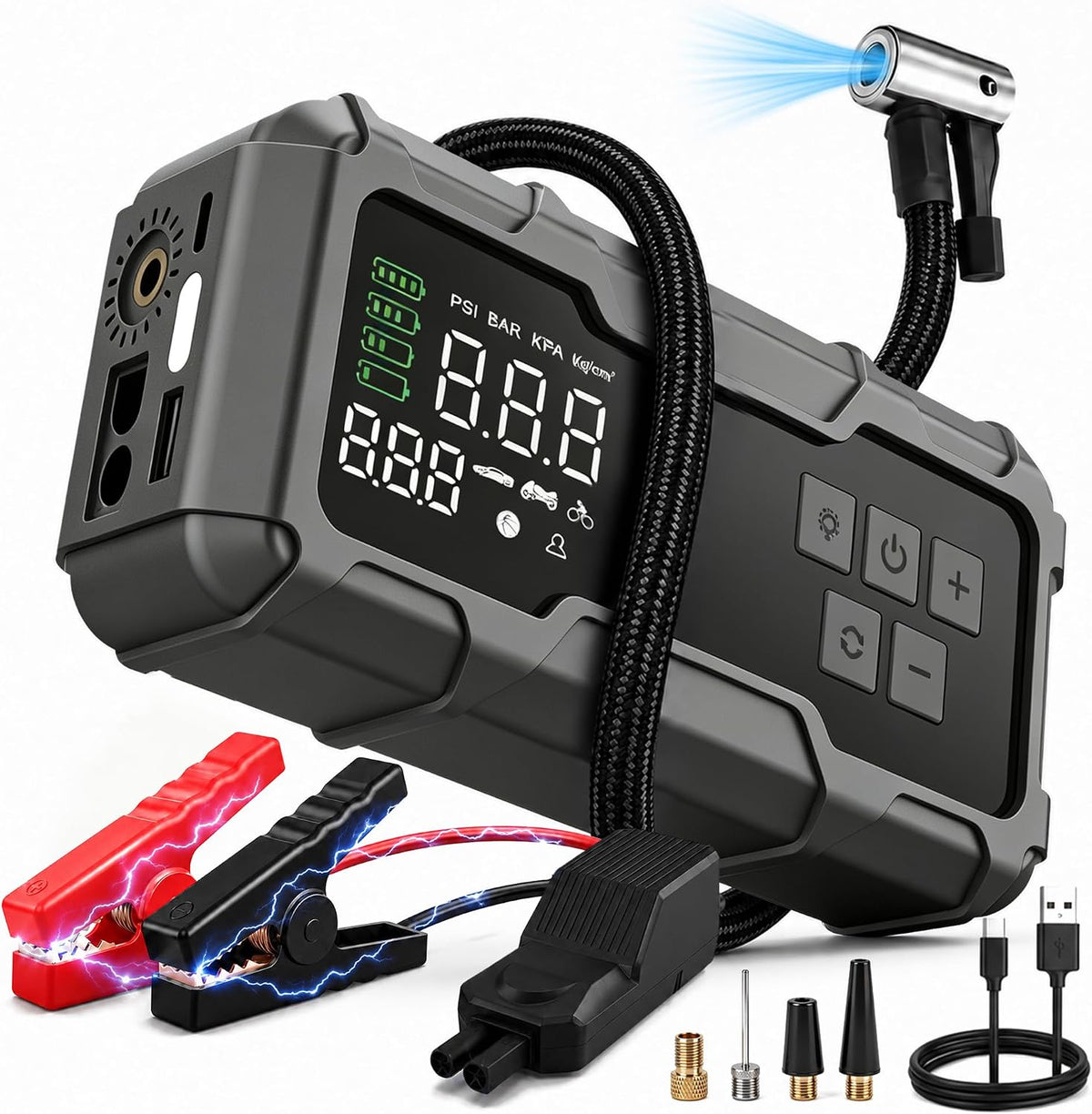 9000A Car Jump Starter with Air Compressor, Portable Battery Booster Pack Tire Inflator, Power Bank Cars Owner SUVs Trucks Road Trips Gift
