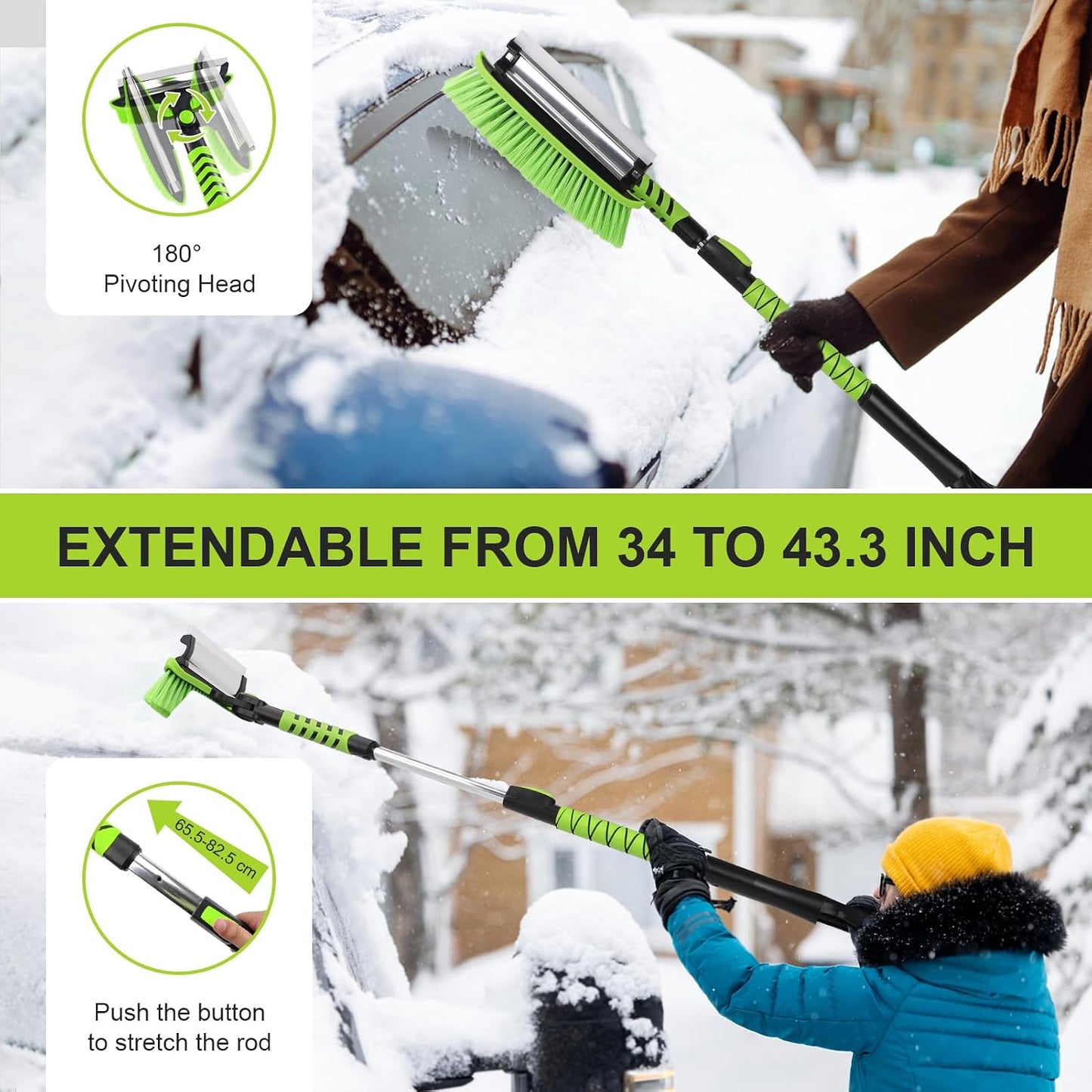 43" Ice Scraper for Car Windshield, Snow Brush with Squeegee, 3 in 1 Snow Removal for Cars with Foam Grip and 180° Pivoting Brush Head for Auto Truck SUV