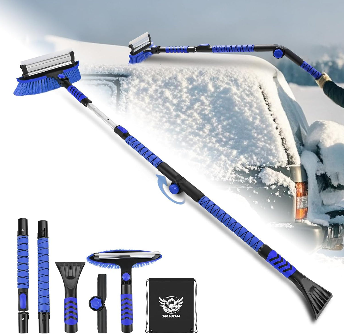 Foldable & Extendable Snow Brush and Ice Scraper for Car, 62.4", Blue