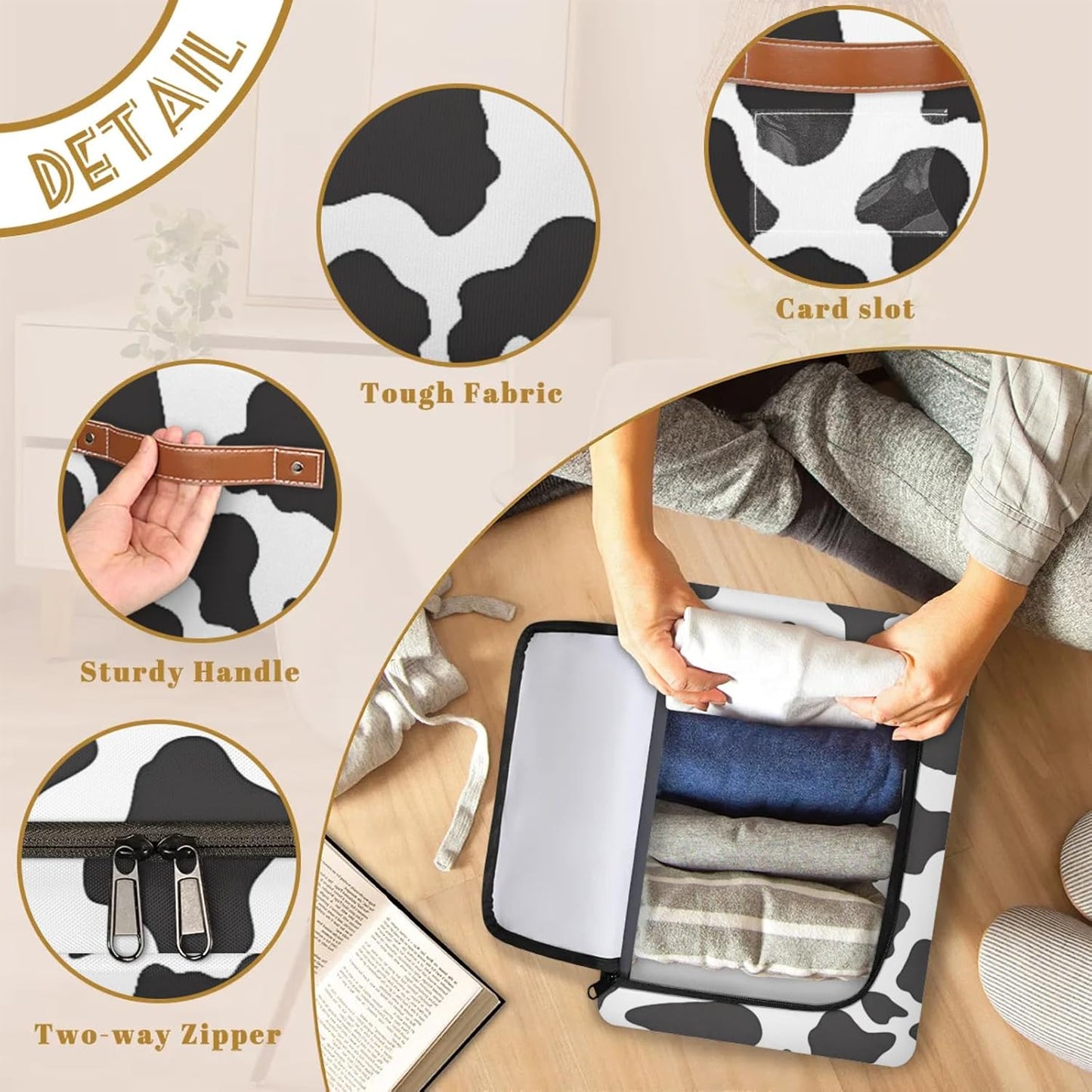 Cow Print Pattern Storage Bins With Zipper Lid, Collapsible Trunk Organizer, Car Organizers and Storage Bins with Lids, Decorative Storage Boxes with Handle, Home Storage Baskets for Organizing