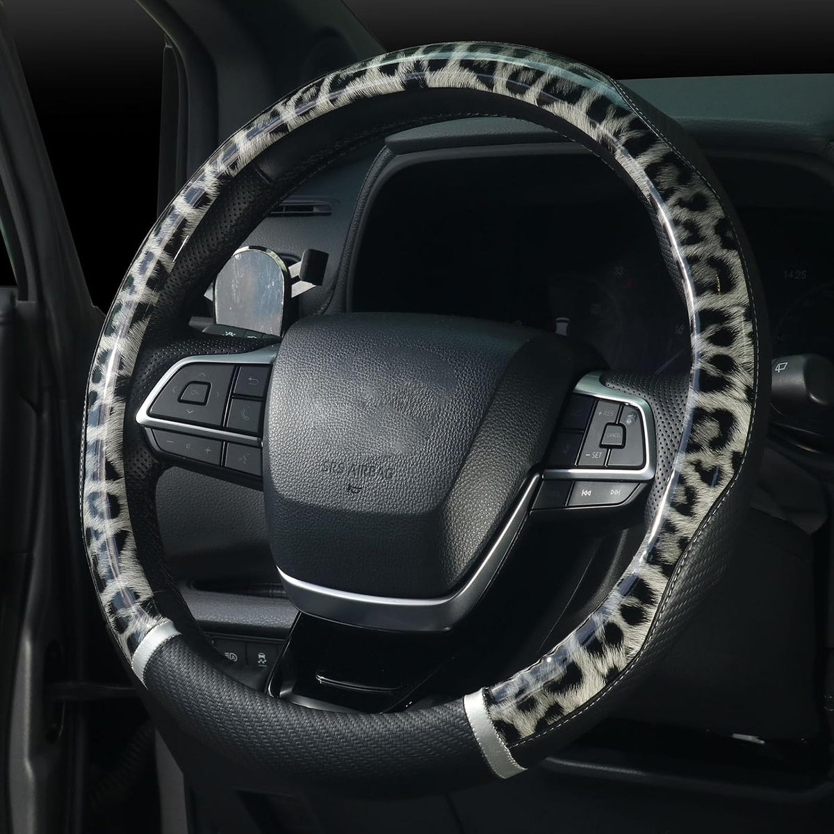 KAFEEK Black Leopard Print Steering Wheel Cover for Women, 15 Inch
