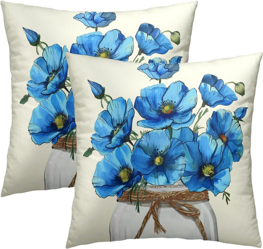 Blue Poppy Throw Pillow Covers 18x18 Inch Set of 2 Watercolor Summer Flower Mason Jar Decorative Pillow Cushion Cases for Sofa Couch Living Room Housewarming Party Decor