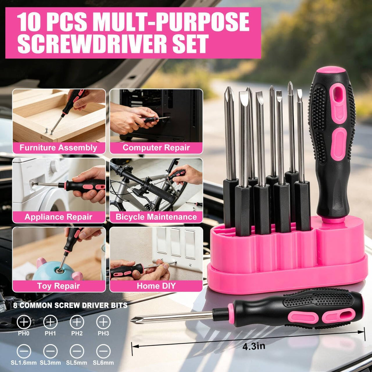 Car Emergency Kit with Portable Air Compressor, Jumper Cables, Tow Straps – Roadside Emergency Safety Tool for Vehicles, Trucks, SUVs Pink
