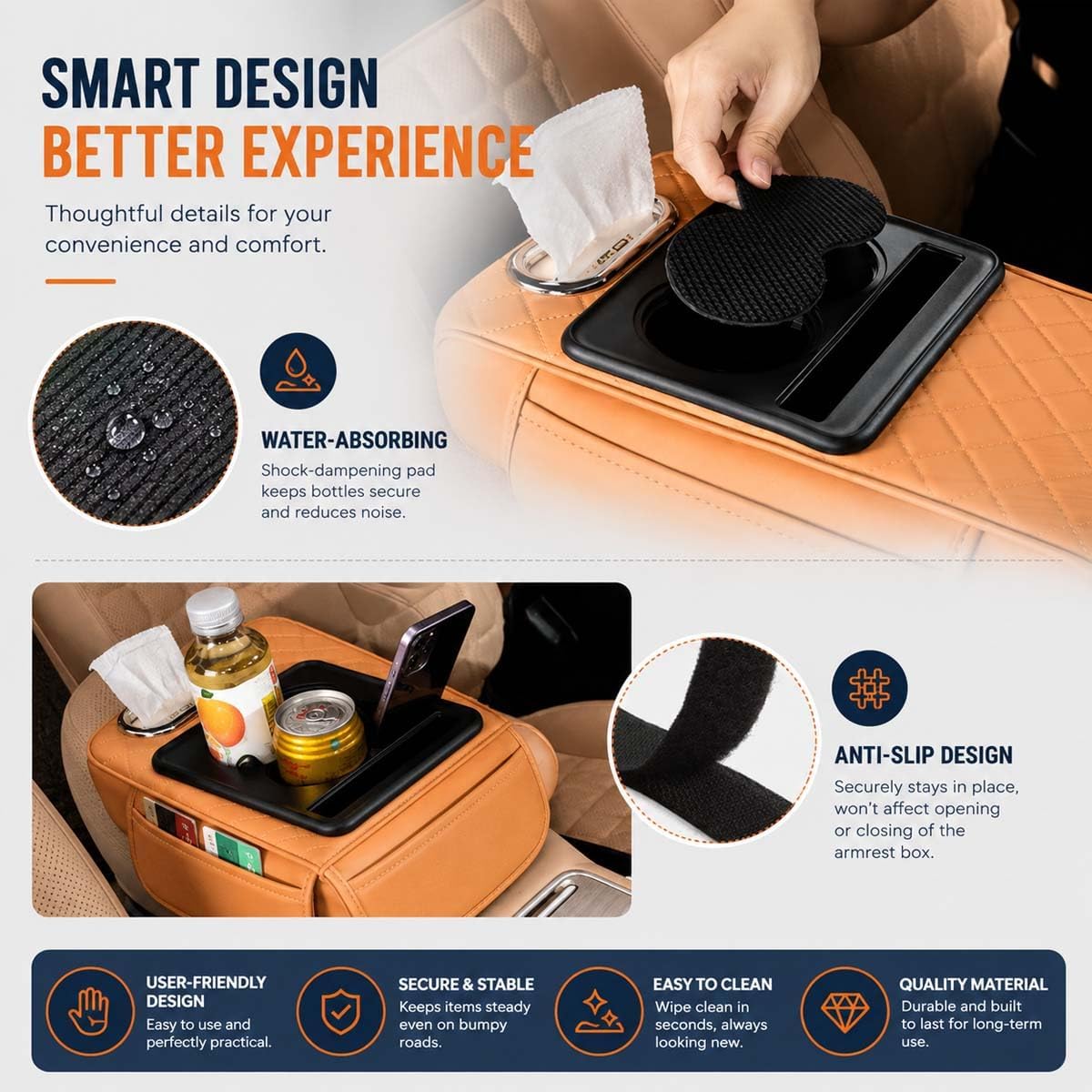 Multifunctional PU Leather Car Armrest Box Mat, 5-in-1 Center Console Cover with Cup Holder with 2 Storage Bags, Tissue Box Slot, Phone Slot for Universal Most Cars,Velcro Design (Black*A)