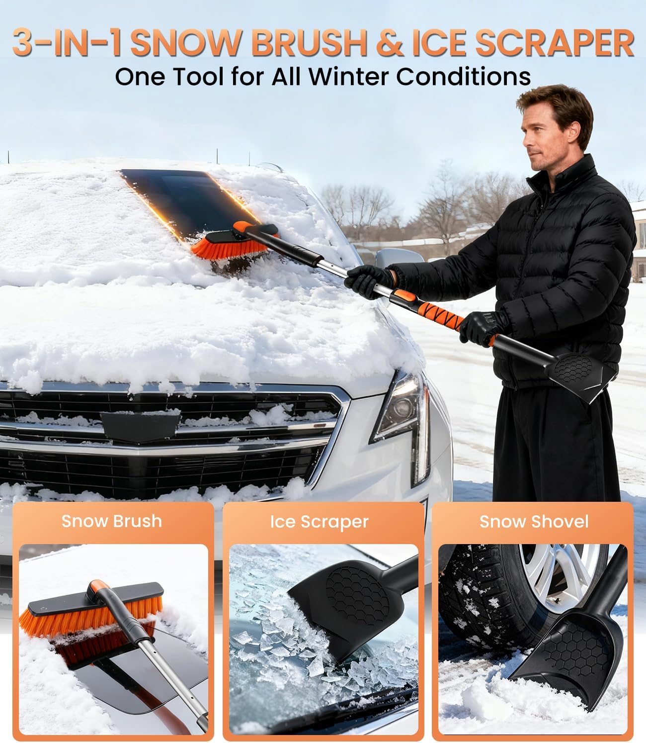 Zanch 2025 Upgrade Extendable 3-in-1 Car Snow Brush and Ice Scraper [45" Extendable Handle] with 360° Rotating Brush Head for Car Windshield Clear Snow, Ice and Frost, for All Cars/Truck/SUV