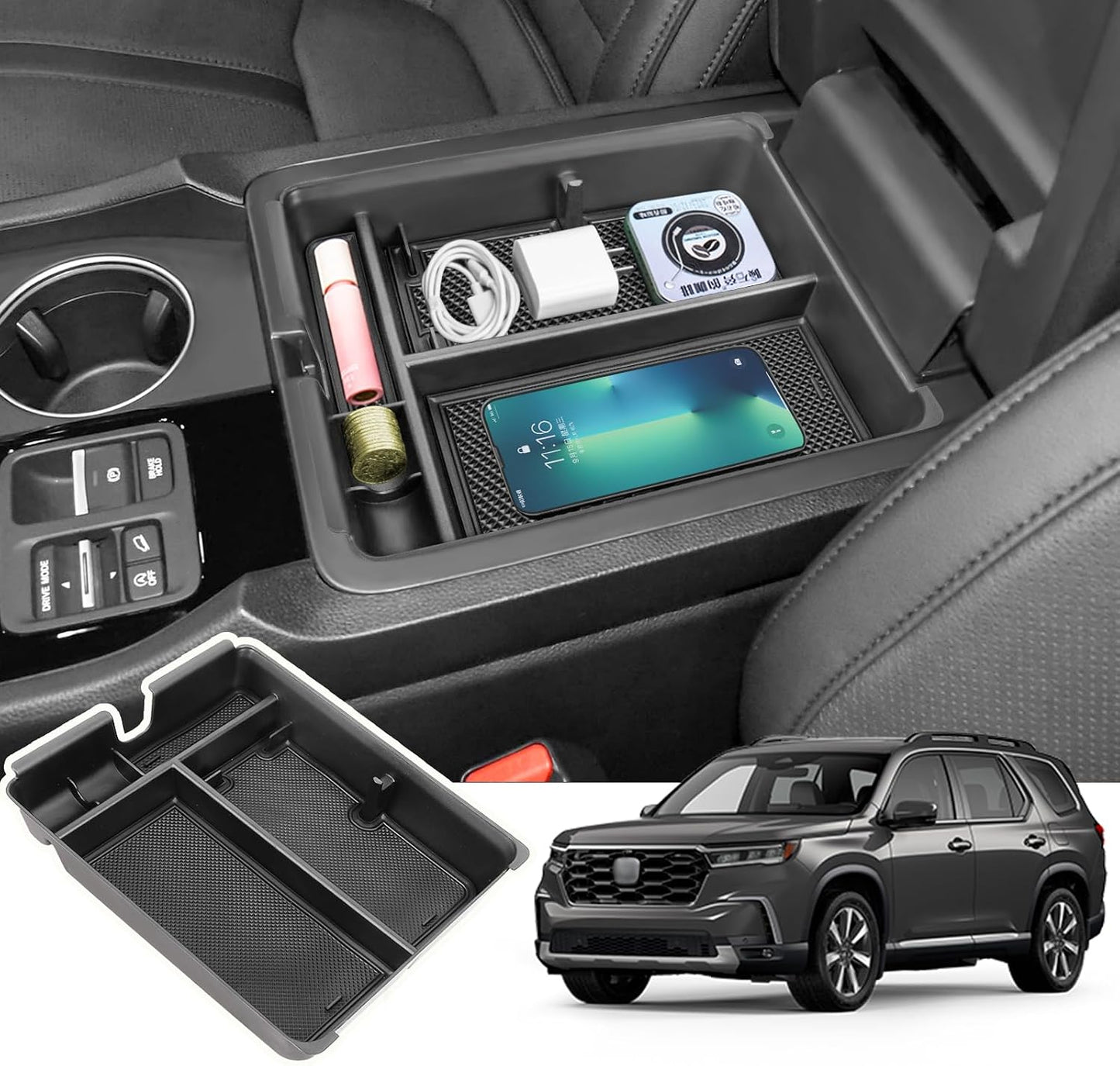 Center Console Organizer Tray Compatible with 2023-2026 Honda Pilot, 2024-2026 Honda Ridgeline/Passport Insert Storage Organizer Interior Divider Accessories (Armrest storage Tray)