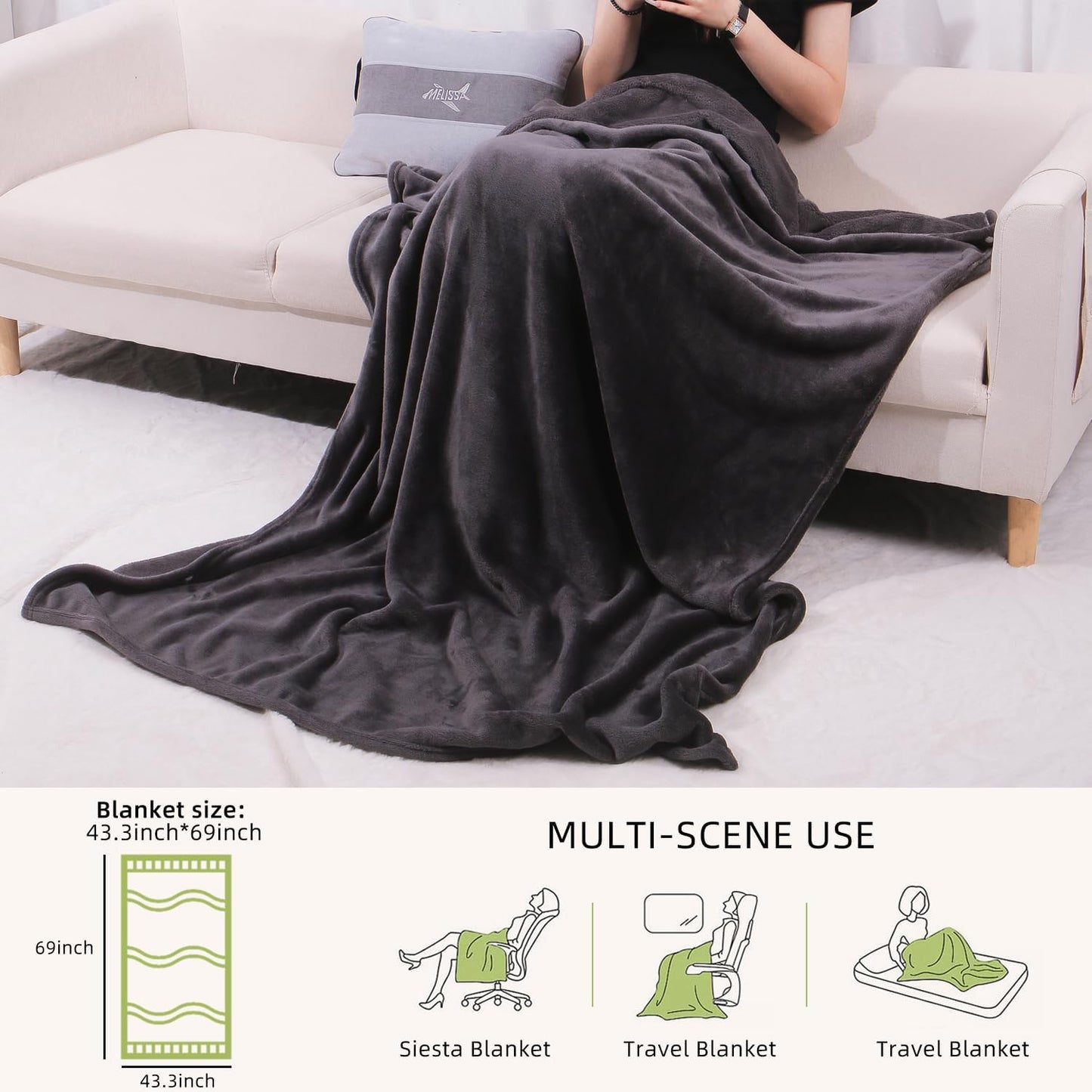 Melissa Large Soft Travel Blanket and Inflatable Pillow Set | Size-69“ x 43.3”, Carry Bag – Lightweight, Compact & Washable for Backpacking, Hiking, Airplane, Car, Office, Camping (Gray)
