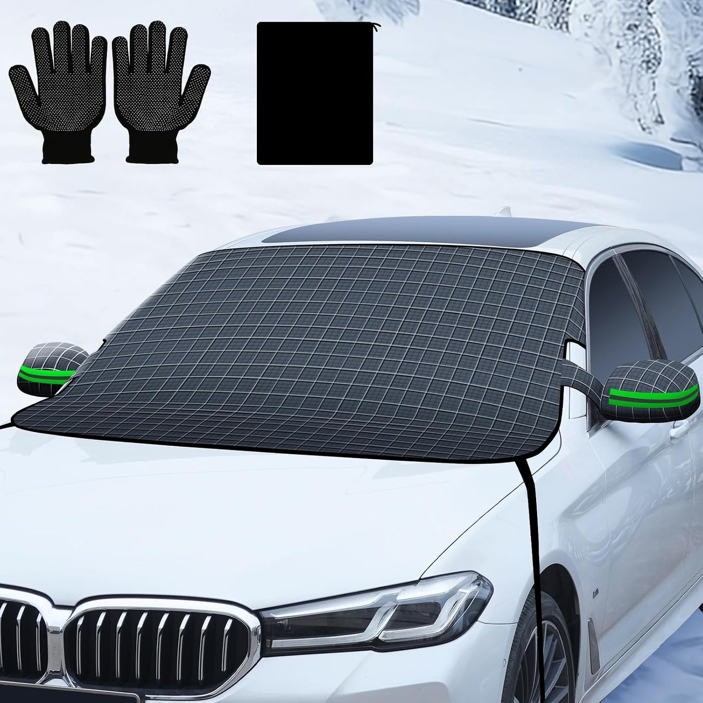 Windshield Snow Cover for Car, Waterproof Ice Shield with Elastic Straps, All Weather Frost Guard Fits Sedan SUV, Blocks Snow Rain Debris Leaves and Offers Sunshade Protection for Summer UV Heat