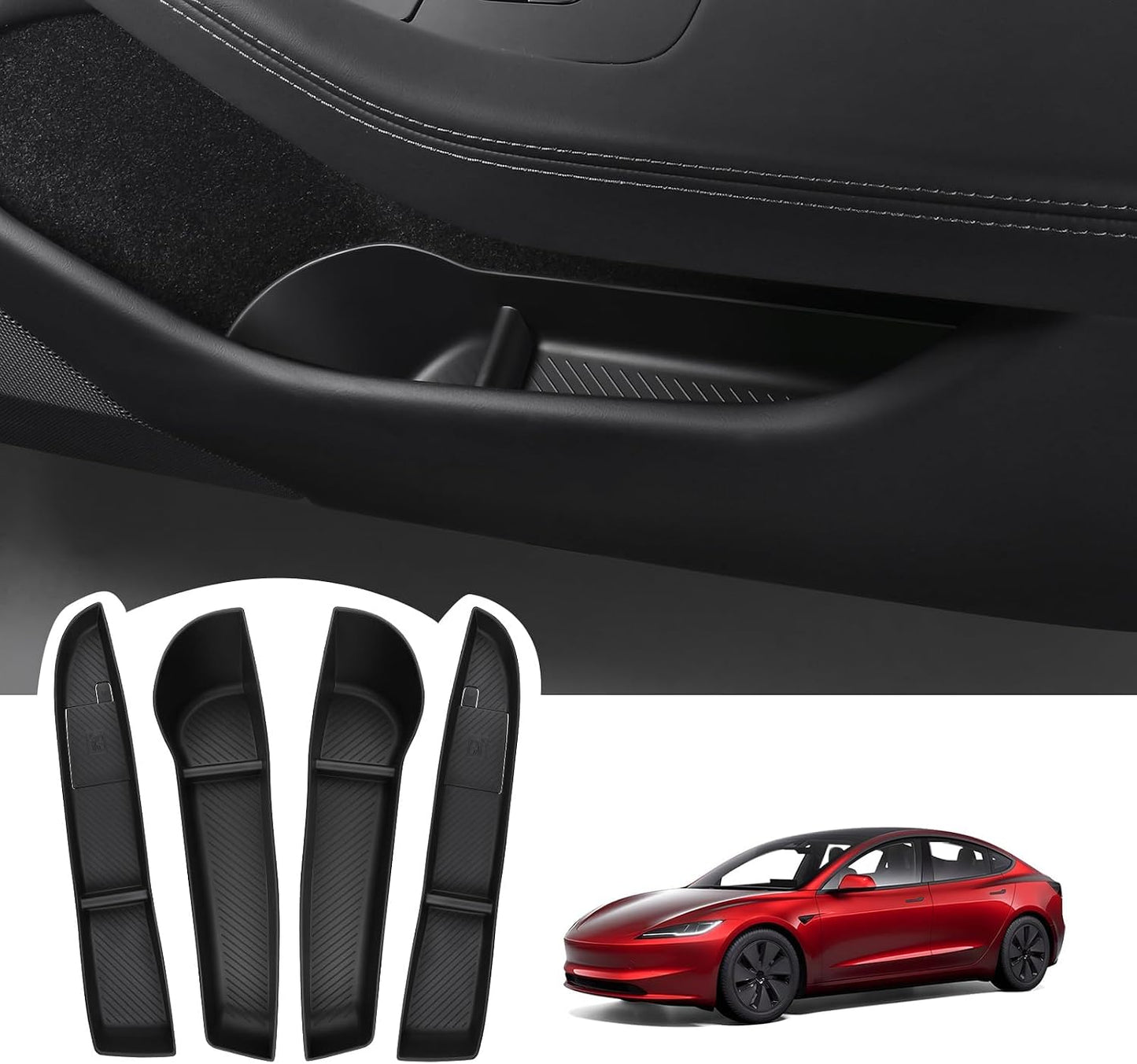 BASENOR 2026 2025 2024 Tesla Model 3 Door Side Storage Box, Door Pocket Liners, (Proprietary Design) TPE Front & Rear Side Organizer Tray Protector Liner for Model 3 Highland Set of 4