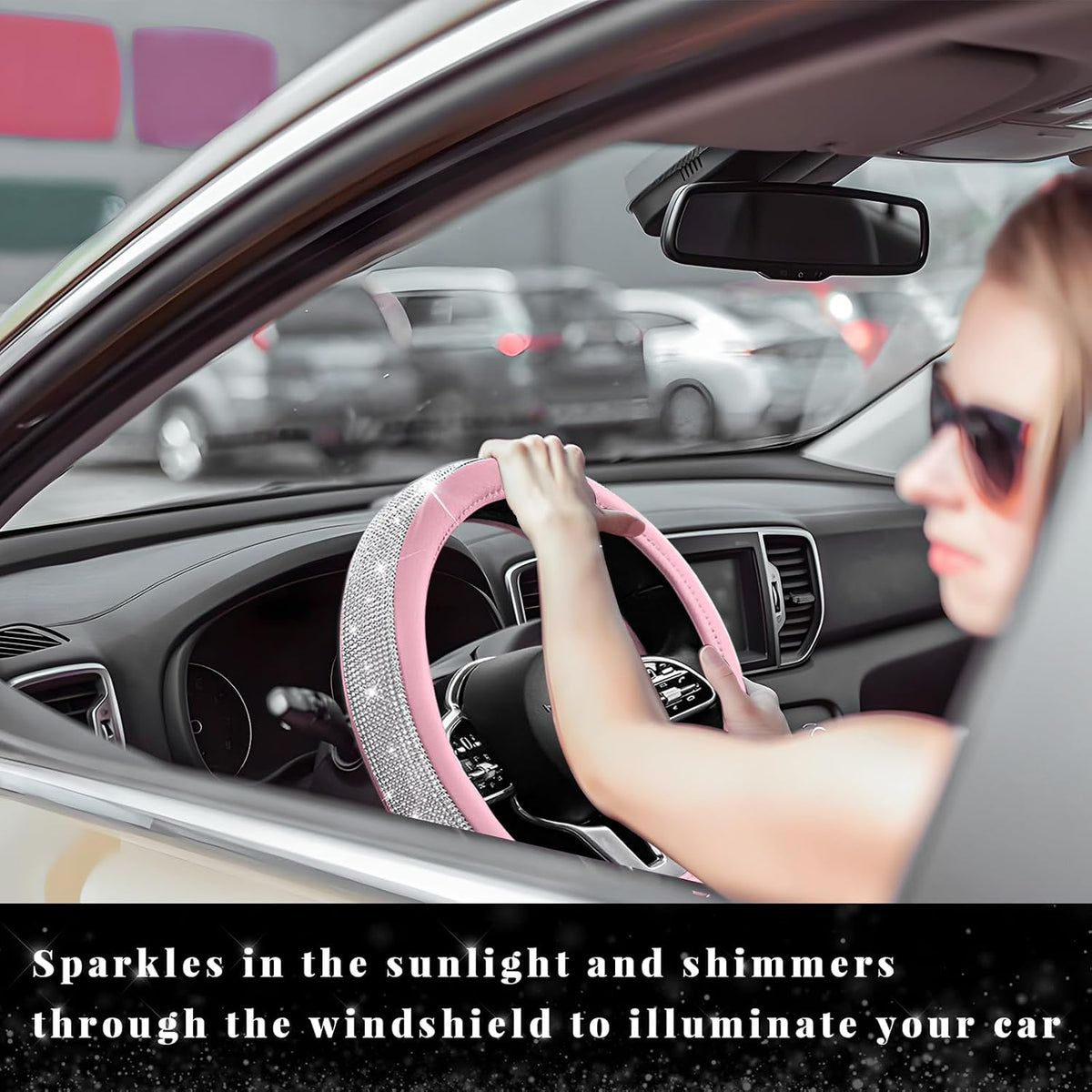 Diamond Leather Steering Wheel Cover, 15 Inch Bling Crystal Rhinestone Anti-Slip Wheel Protector, Universal Sparkling Elegant Diamond Steering Wheels Cover for Women Girl (White&Pink)