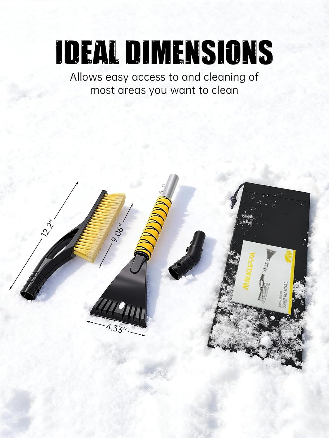 MIKKUPPA 27" Snow Brush and Ice Scrapers for Car Windshield, Yellow | Detachable Windshield Scraper, Snow Removal Tool with Curved Connector & Ergonomic Foam Grip for Cars, Trucks, SUVs
