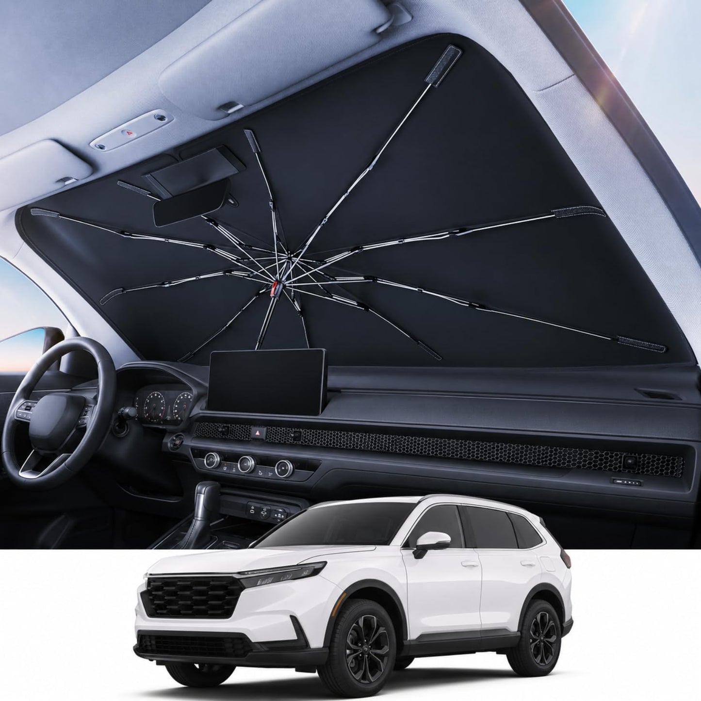 REEVAA 2026 Upgraded Windshield Sun Shade Umbrella [100% Sun Protection & Keep Cool] Protect Interior, 360° Flex Handle Sun Shield Sunshade for SUV & Pickup Truck, M(57" L x 32" W)
