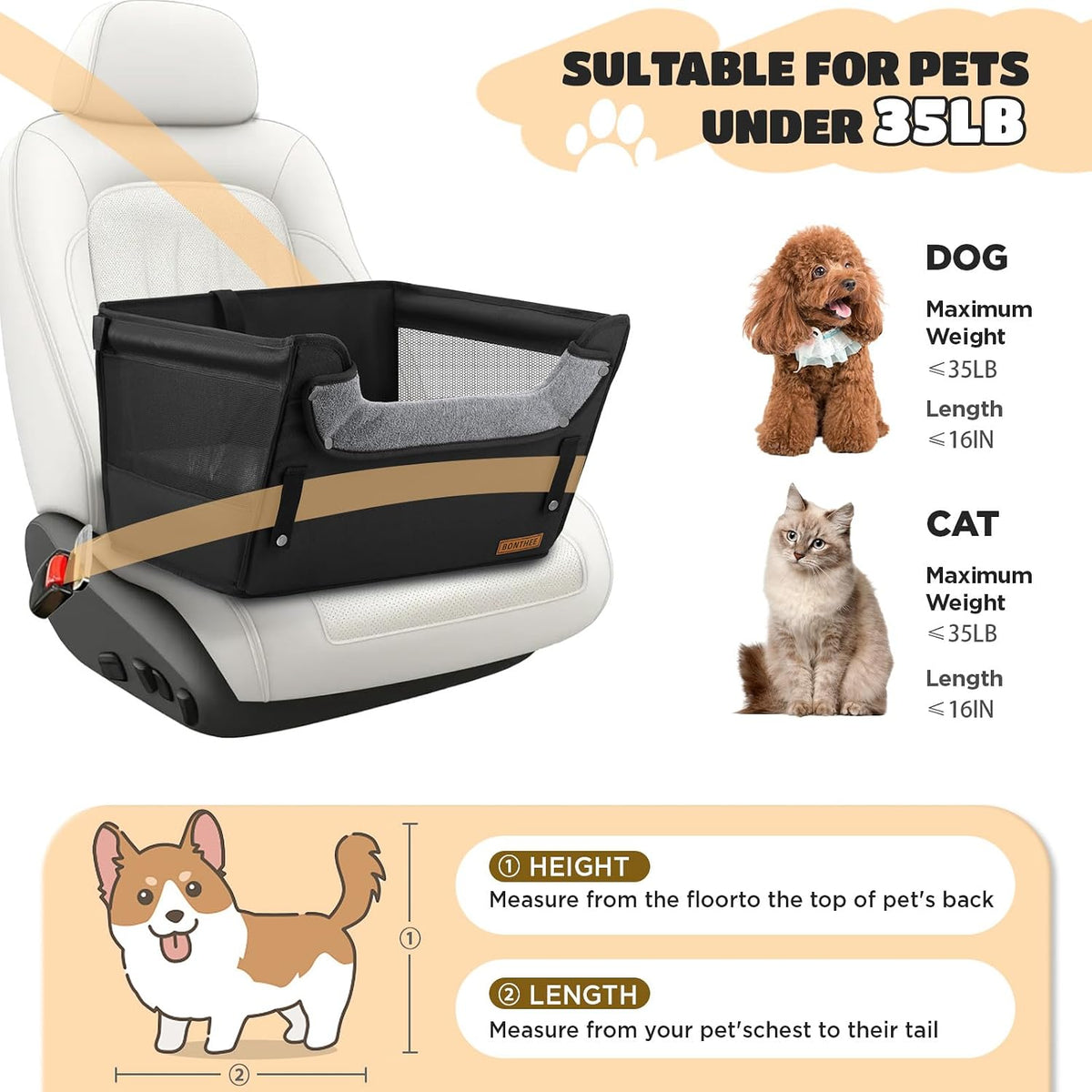BONTHEE Elevated Dog Car Booster Seat for Dogs &amp; Cats up to 35LB, 6-Inch Memory Foam Pet Booster Seat, Side Breathable Mesh,Portable Travel-Safe Bed for Cars,Elevated Car Seat for Small Medium Dogs