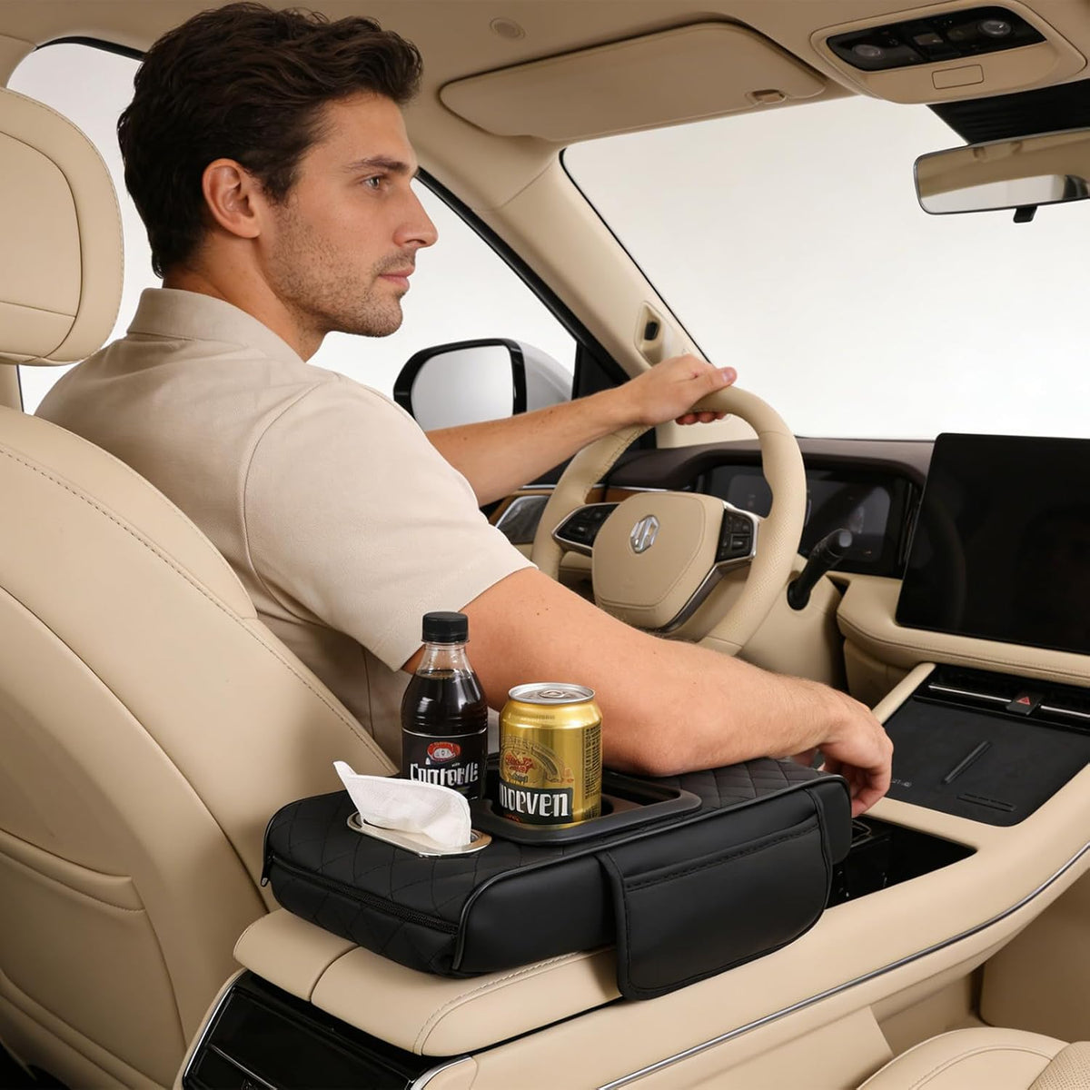 Car Armrest Cushion,Multifunctional Leather Console Cover with Cup Holders,Center Console Armrest with Tissue Box Slot & Phone Storage,Car Interior Accessories,Black