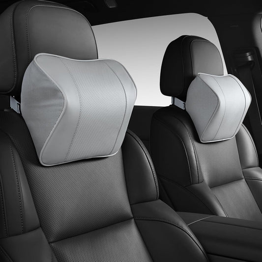 Quintor Genuine Leather Car Neck Pillow,Memory Foam Headrest Cushion, Ergonomic Cervical Support for Tesla Model 3/Y/X, Lexus, BMW- Breathable & All-Season Soft (2 PC)
