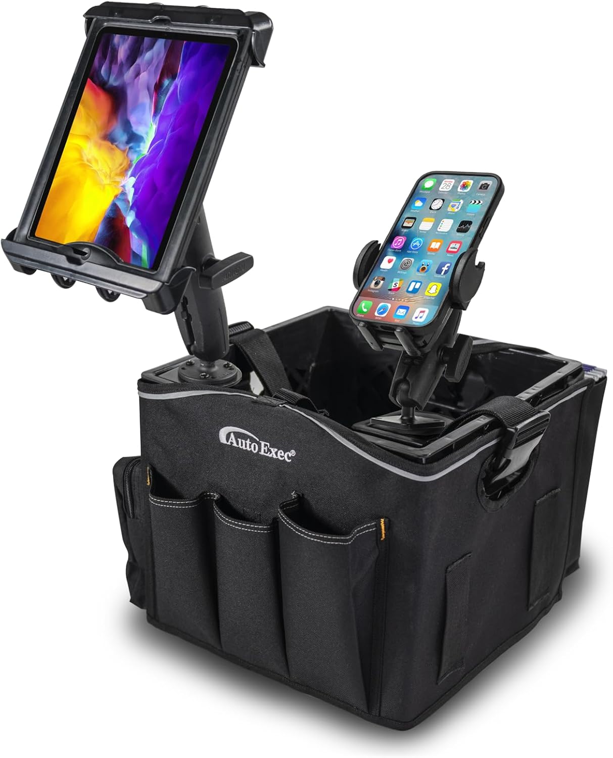 AutoExec Milk Crate Vehicle and Mobile Office Work Station with Apron Organizer, Laptop Tray and 400 watt Power Inverter | Apron Organizer, Laptop Tray, 400 Watt Power Inverter