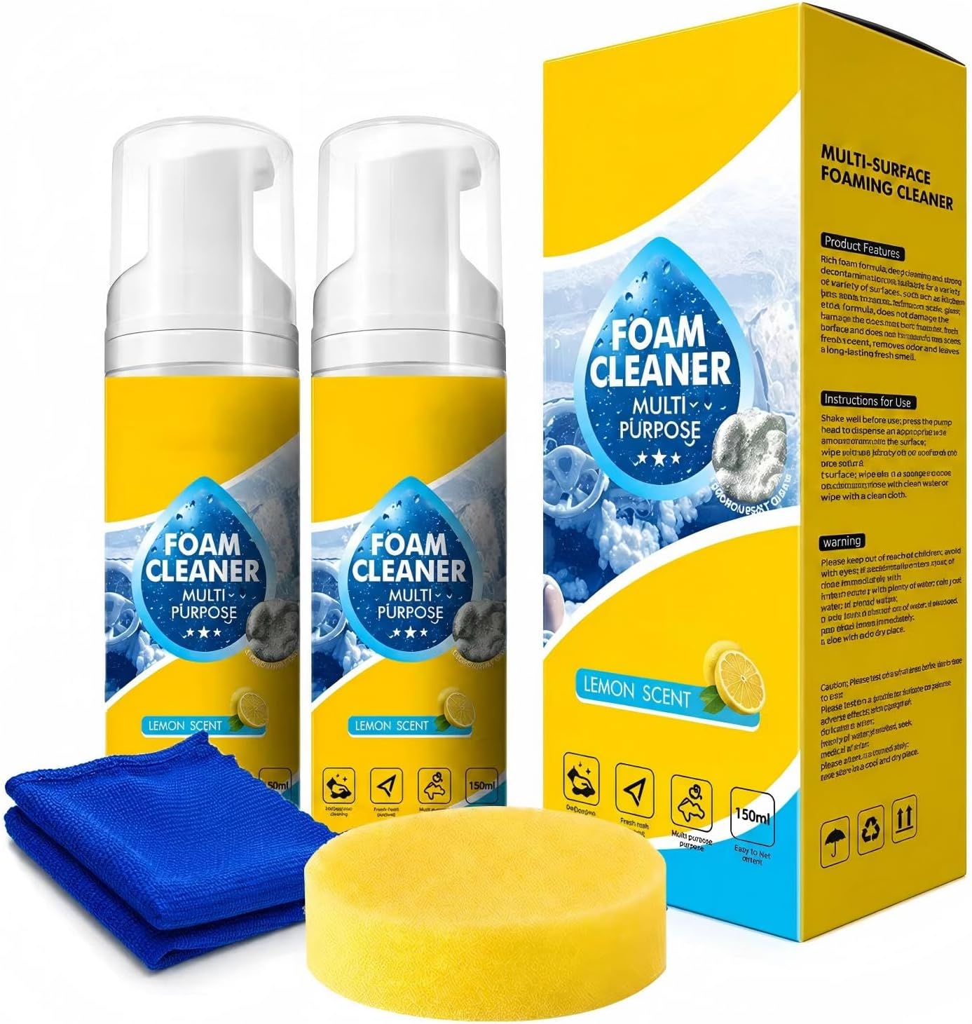 4-in-1 Multi-Enzyme Foam Cleaner, Multi Purpose Foam Cleaner, No Rinse Foam Cleaner for Car Interior, Kitchen Grease, Bathroom Tiles, Fabric Care and Multi Surfaces(2pcs)
