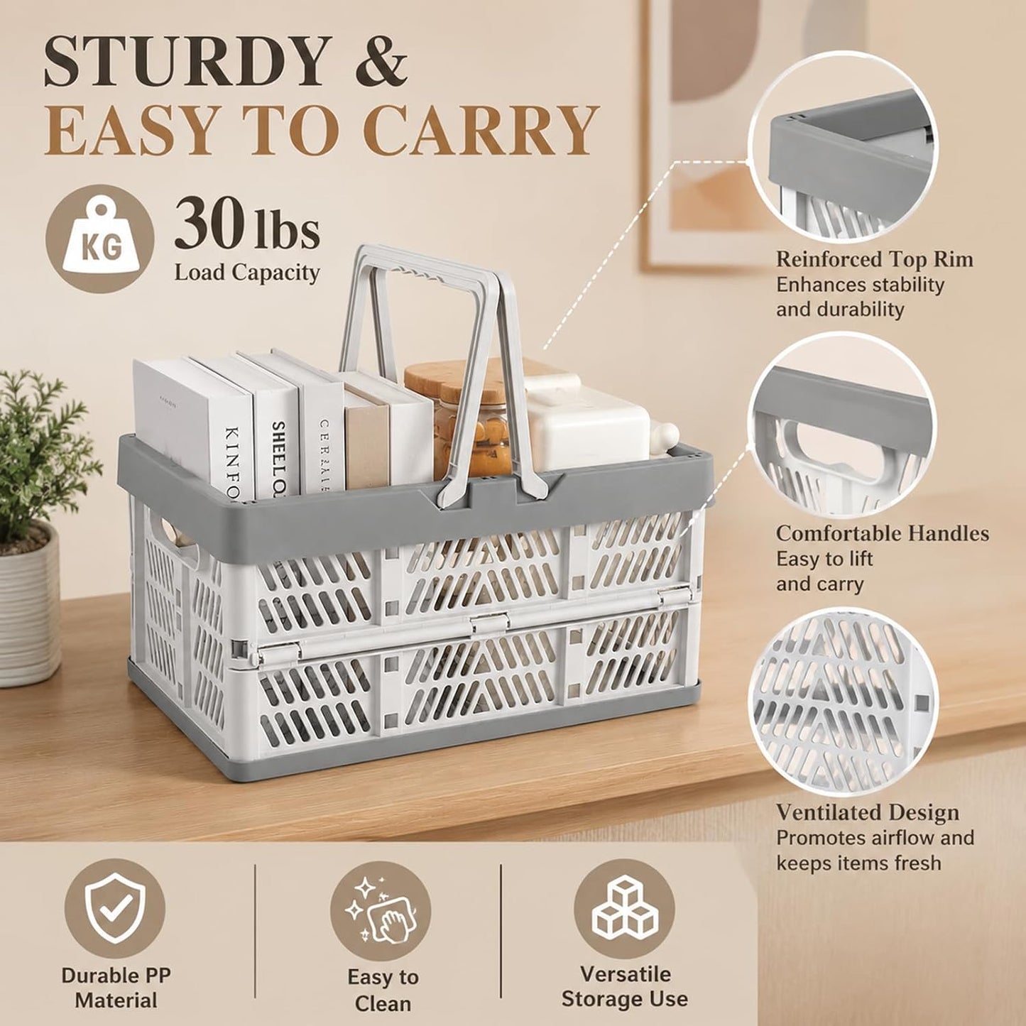 CYEAH 3 Pack Collapsible Shopping Baskets, 20L Foldable Plastic Storage Crates with Handles, Reusable Grocery Baskets for Car Trunk, Pantry, Garage, Kitchen, Picnic and Organizing, Holds 20 lbs Each