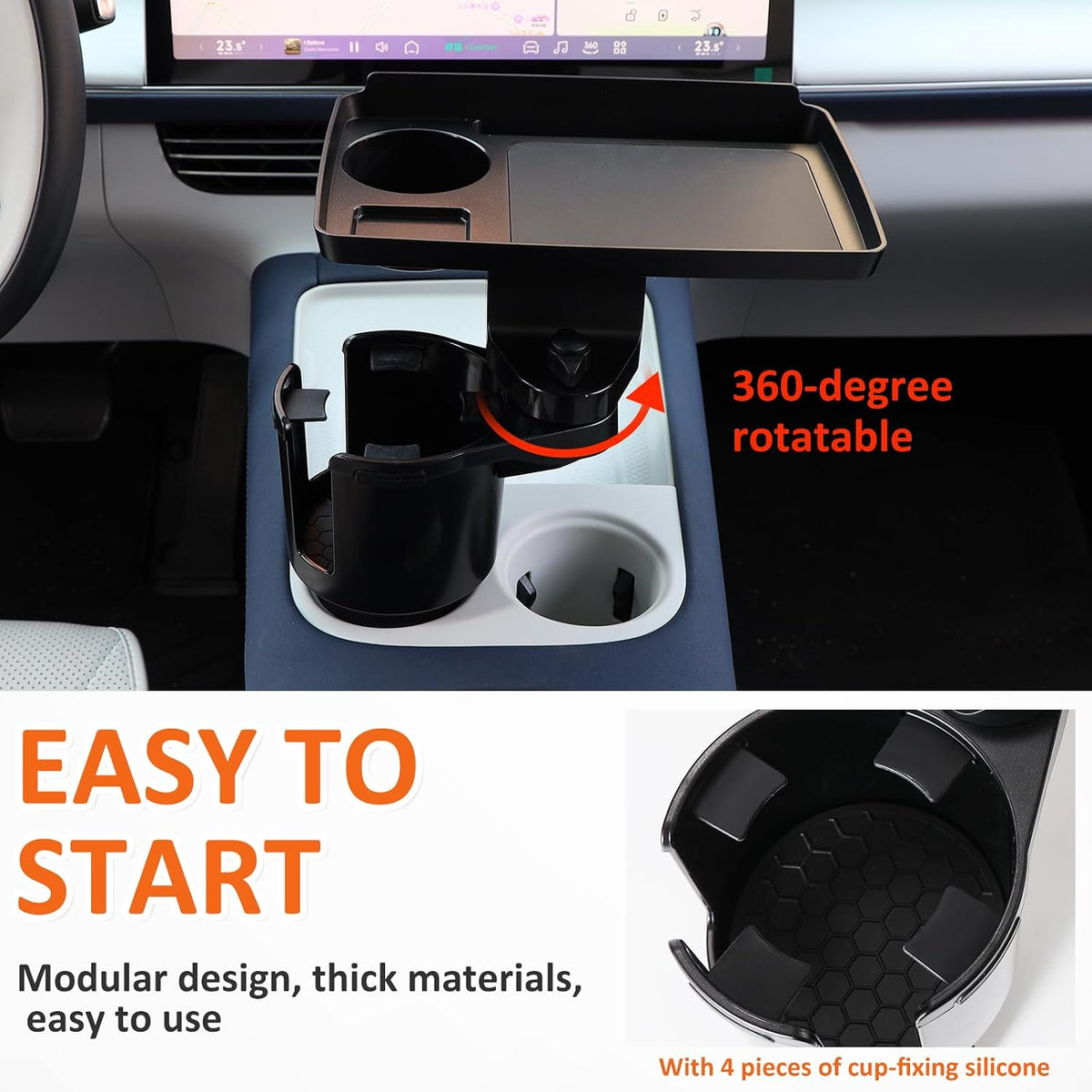 Car Large Cup Holder Expander, 3-in-1 Cupholder Extender with Swivel and Detachable Snack Food Tray Table for Eating, Travel Essentials for Road Trips for Driver. Model E
