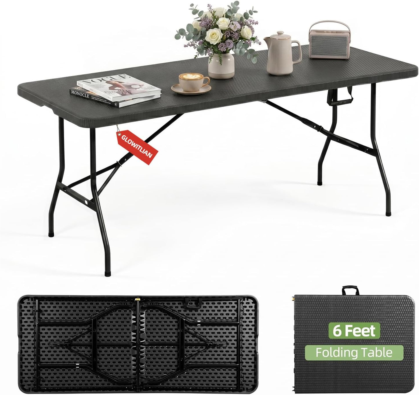 6FT Folding Table Portable Plastic Table with Carry Handle Fold-in-Half Utility Foldtable Table Black Ratten for Outdoor Party,Dining,Wedding,Camping,Picnic,Events