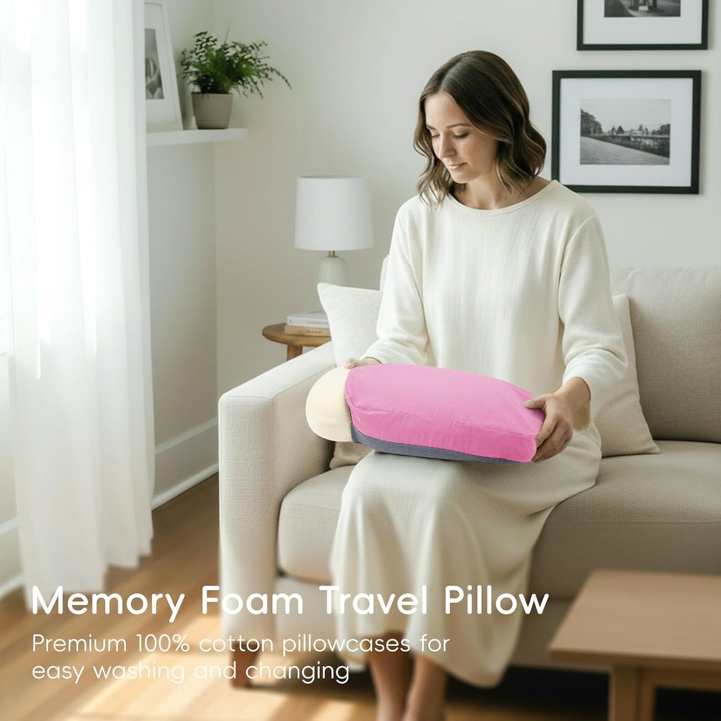 urnexttour 4-in-1 Travel Pillow & Blanket Set with Eye Mask, Memory Foam Neck Support, 50x65 Inch Blanket, Storage Bag for Airplane, Car, Train, Home Travel Pink