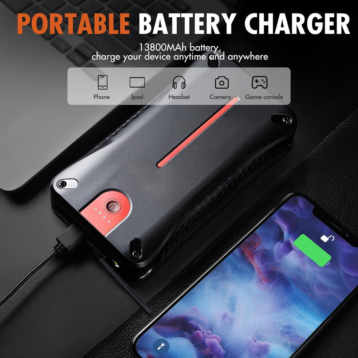 Car Battery Jump Starter, 3000A 12V Jump Starter with USB Quick Charge (UP to 7.0L Gasoline and 5.5L Diesel Engine), Portable Jump Box with 3 Modes Flashlight and Jumper Cable