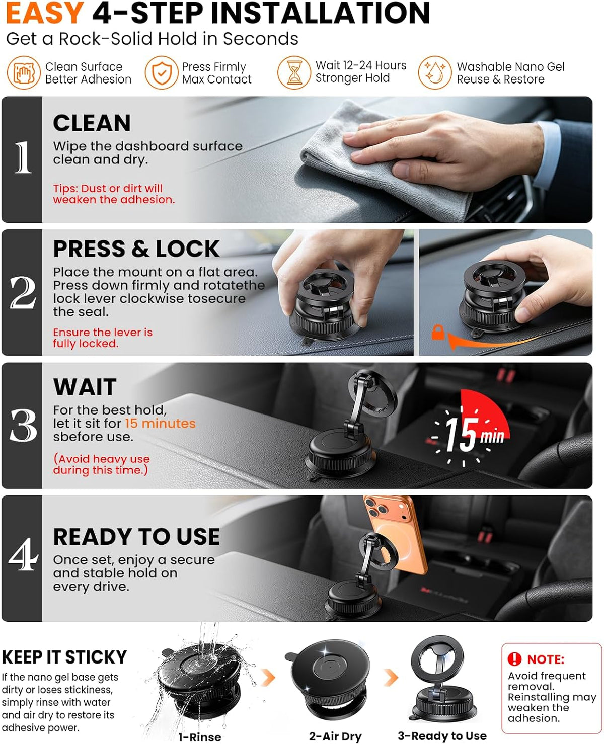 Magnetic Car Phone Holder for Dashboard, MagSafe Car Mount, Nano Gel Suction Car Phone Mount, Foldable Automotive Dashboard Phone Holder, 360° Rotatable for iPhone 17 16 15 14 13 12 Series
