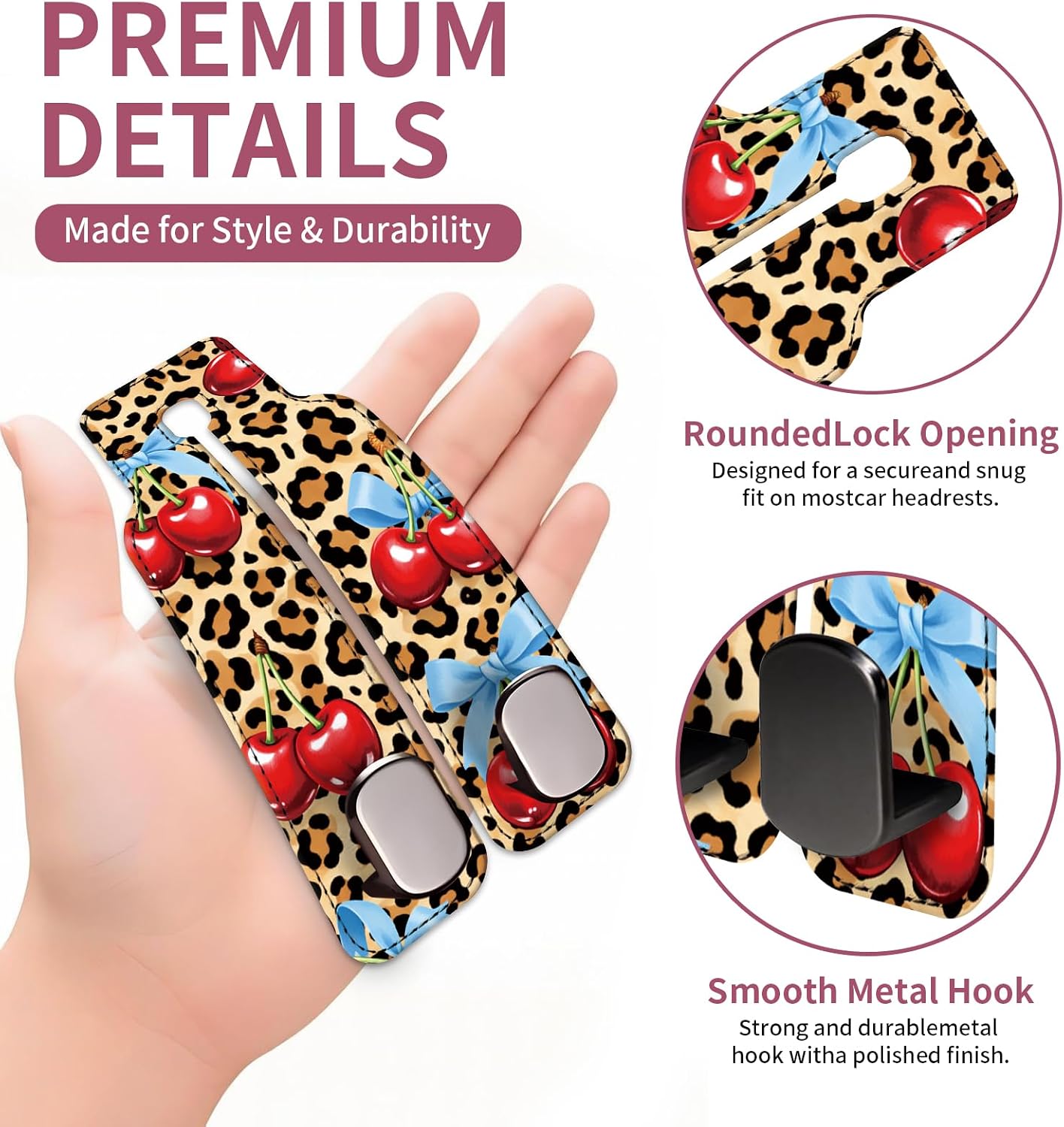 Car Seat Back Storage Hook, Funny Car Purse Hook, Cute Vehicle Storage Organizer for Purses Handbags Cute Leopard Bowtie Cherry