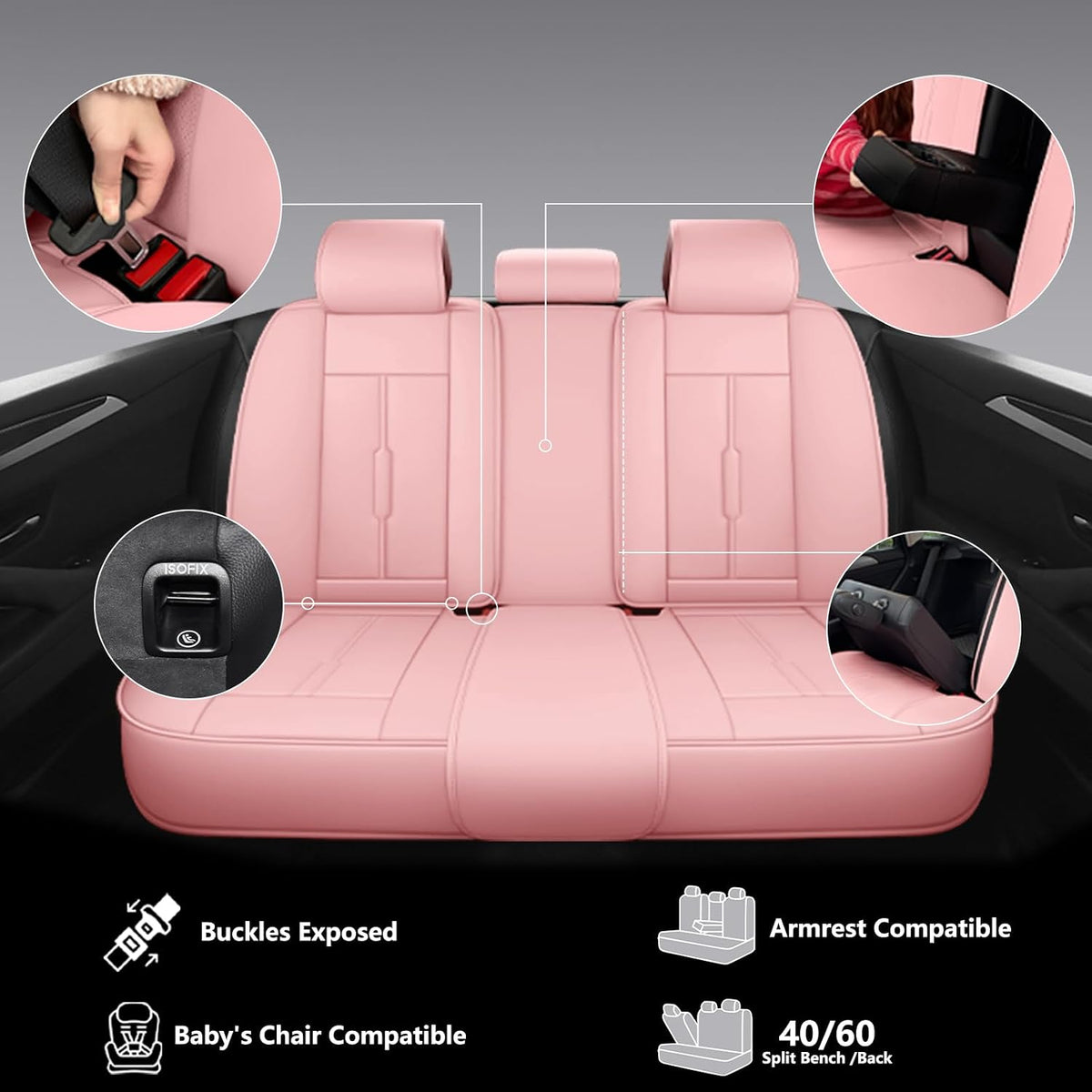 NS YOLO Universal Fit Premium Pink Leather 5-Seats Car Seat Covers