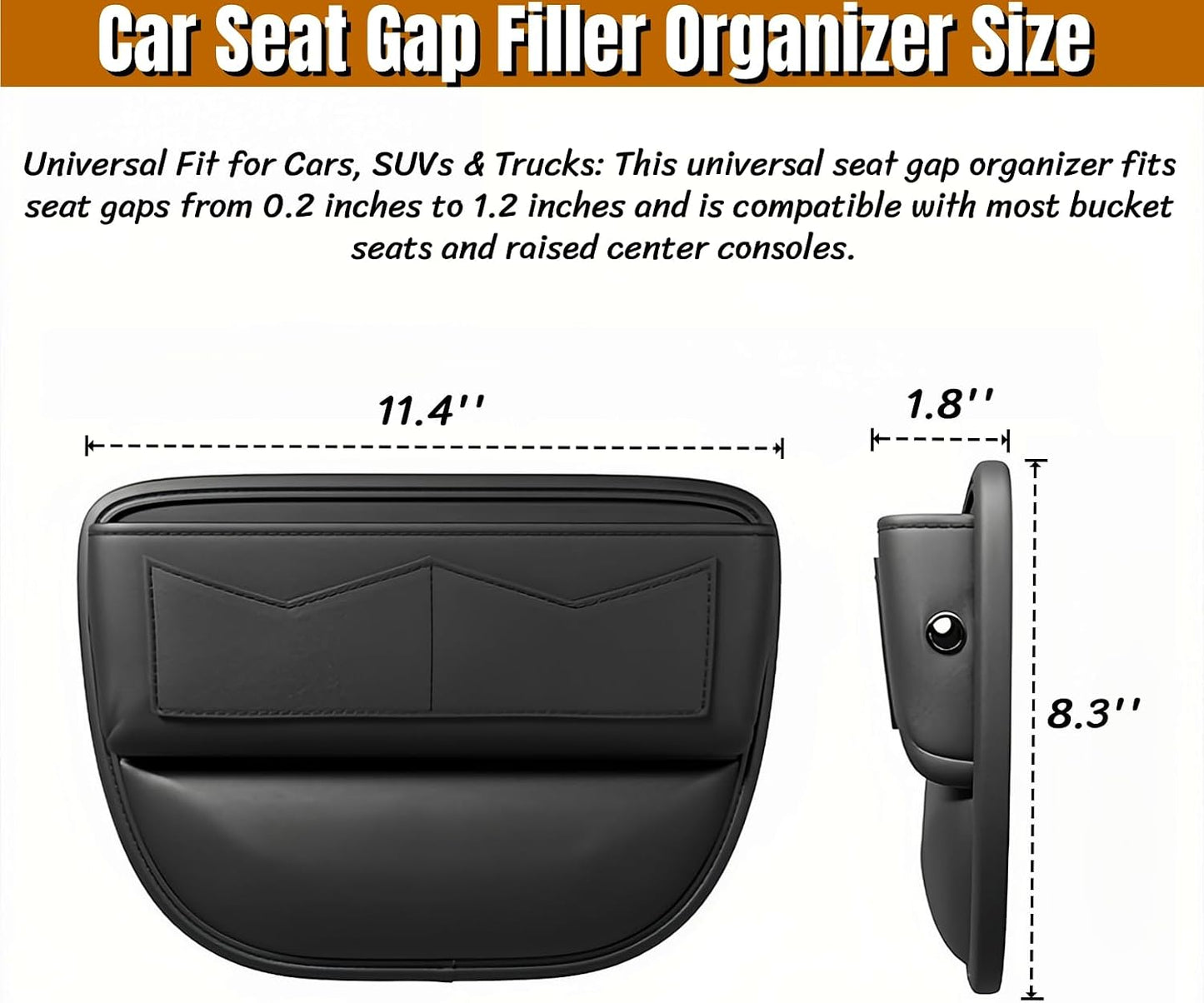 BLIRITEL Car Seat Gap Filler Organizer with Charging Hole, PU Leather Car Seat Gap Plug with Storage Slot, Car Console Side Organizer for Phone, Keys & Cards (Black-2 Pack)