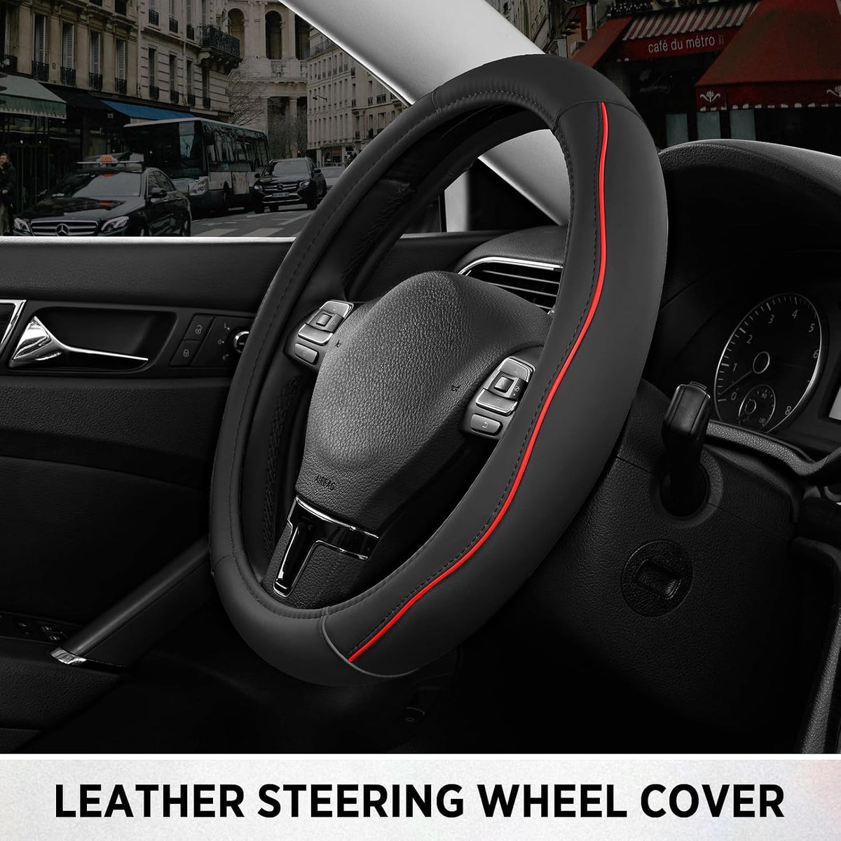 Road Comforts Leather Steering Wheel Cover with Decorative Trim and Piping, Anti-Slip Breathable Design, Fits 14.5–15 Inch Round Steering Wheels, Snug Fit, Stylish Interior Upgrade - Red