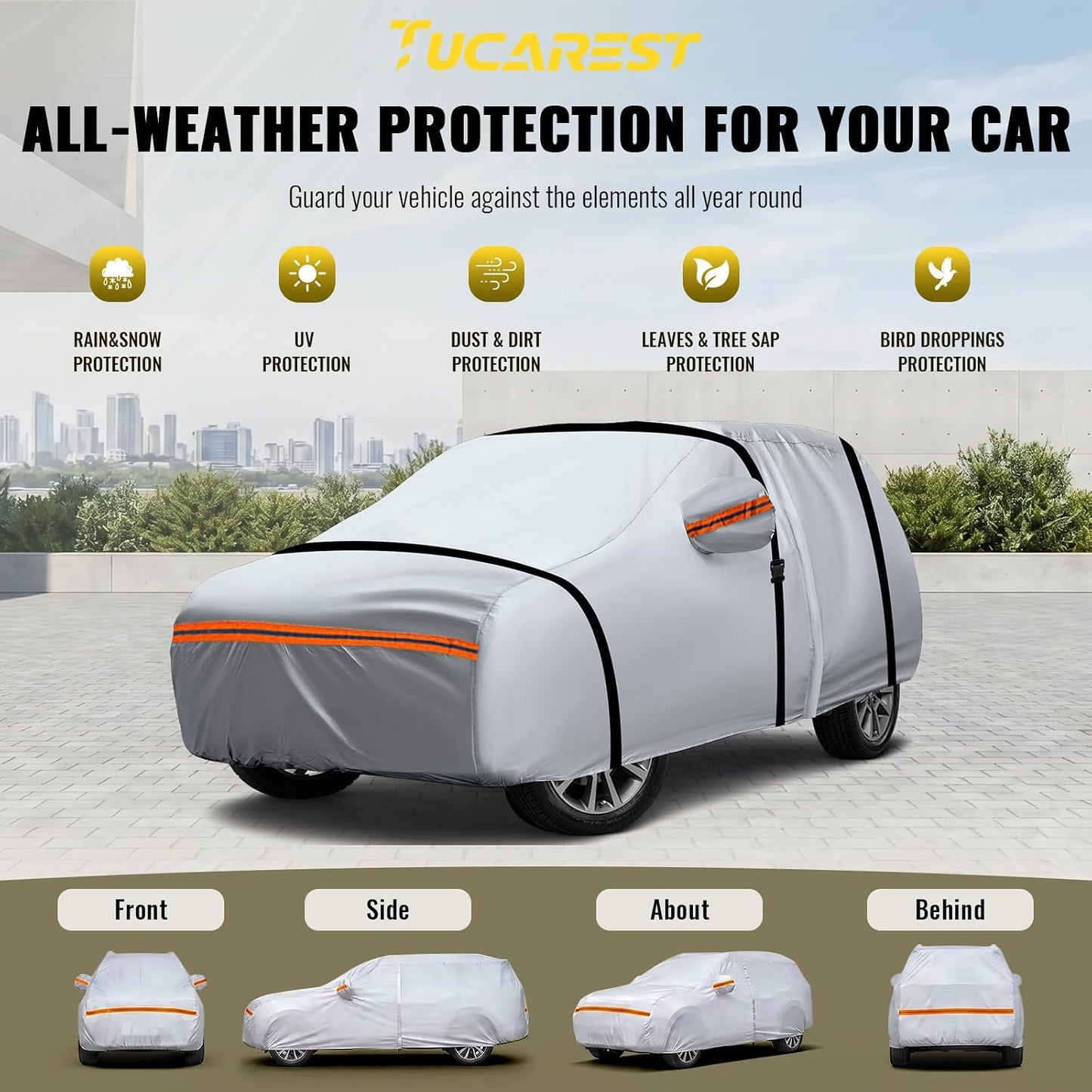 TUCAREST 6 Layers Full Car Cover for SUV- Waterproof, Insulated, Anti-UV, Snow-Proof, Hail-Resistant, Anti-Wind, All-Weather, Thickened Protection, up to 211 in