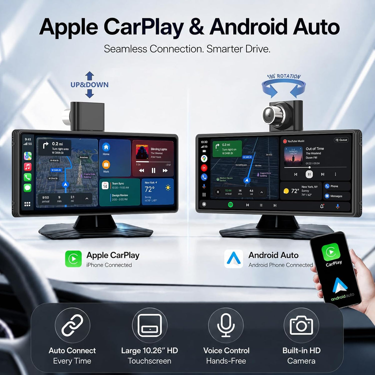 10.26" Wireless CarPlay Screen for Car, Apple CarPlay & Android Auto Screen, Portable Car Stereo with 4K Front Dash Cam & 1080P Backup Camera, Bluetooth, Voice Control, GPS Navigation, Mirror Link
