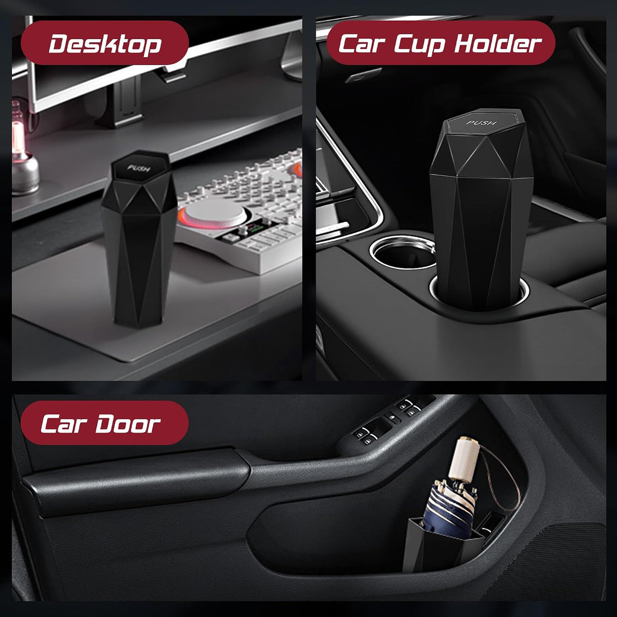 Car Trash Can with Lid, Mini Car Trash Cup with 30 Additional Trash Bags, Car Accessories for Interior, Leakproof Vehicle Garbage Bin for Car, Home, Office - 2 Packs, Black