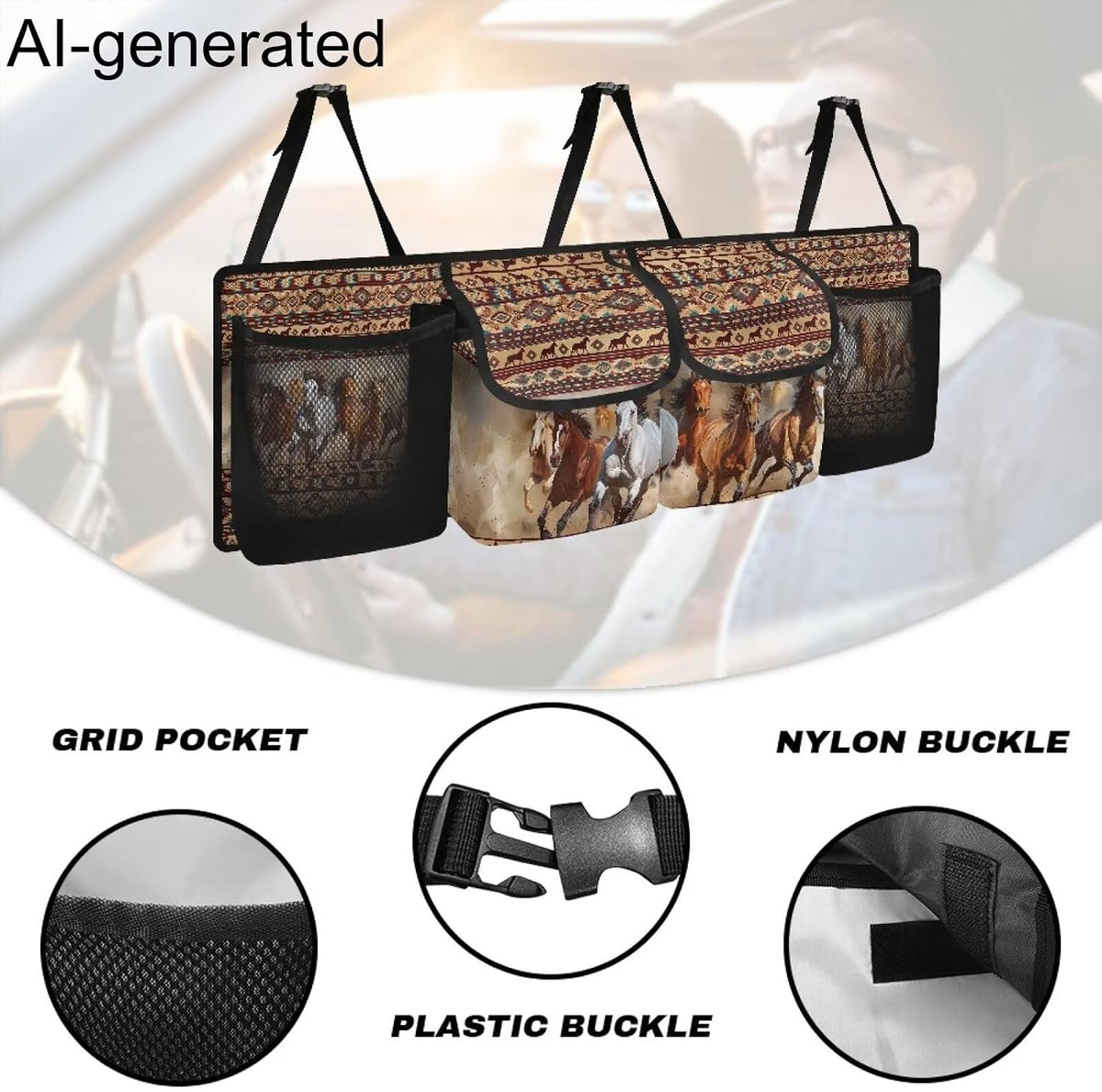 Aztec Tribe Car Trunk Organizer,Backseat Hanging Organizer with 4 Large Storage Bag Super Capacity,Horse Brown Waterproof Trunk Storage Bag for SUV Not Easy to Fade Machine Washable