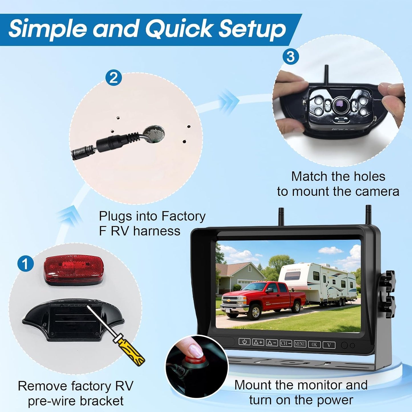 7-Inch Wireless Backup Camera for RV Trailer - 170° Wide Angle Camera with Ultra-Clear Night Vision - 4-Channel with Recording HD 1080P Monitor - Easy Installation Compatible with Furrion Pre-Wired
