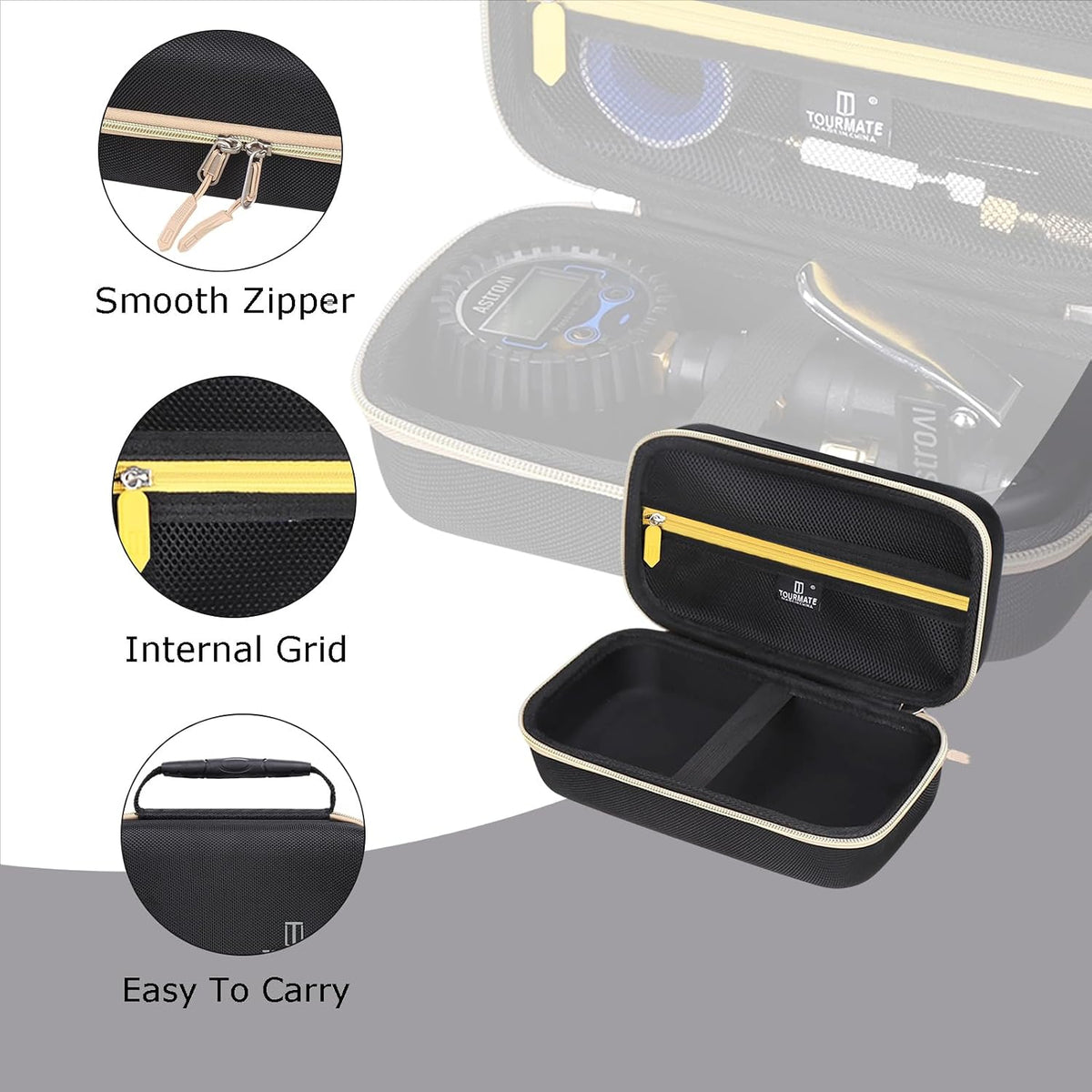 Tourmate Hard Storage Case for JACO Superior Products/FlowPro Digital/FlowPro 2.0 Digital/Tire Pressure Gauge,Travel Case for FlowPro Inflator 60/100/150/200/250 PSI (Only Box) (Black & Gold, M)