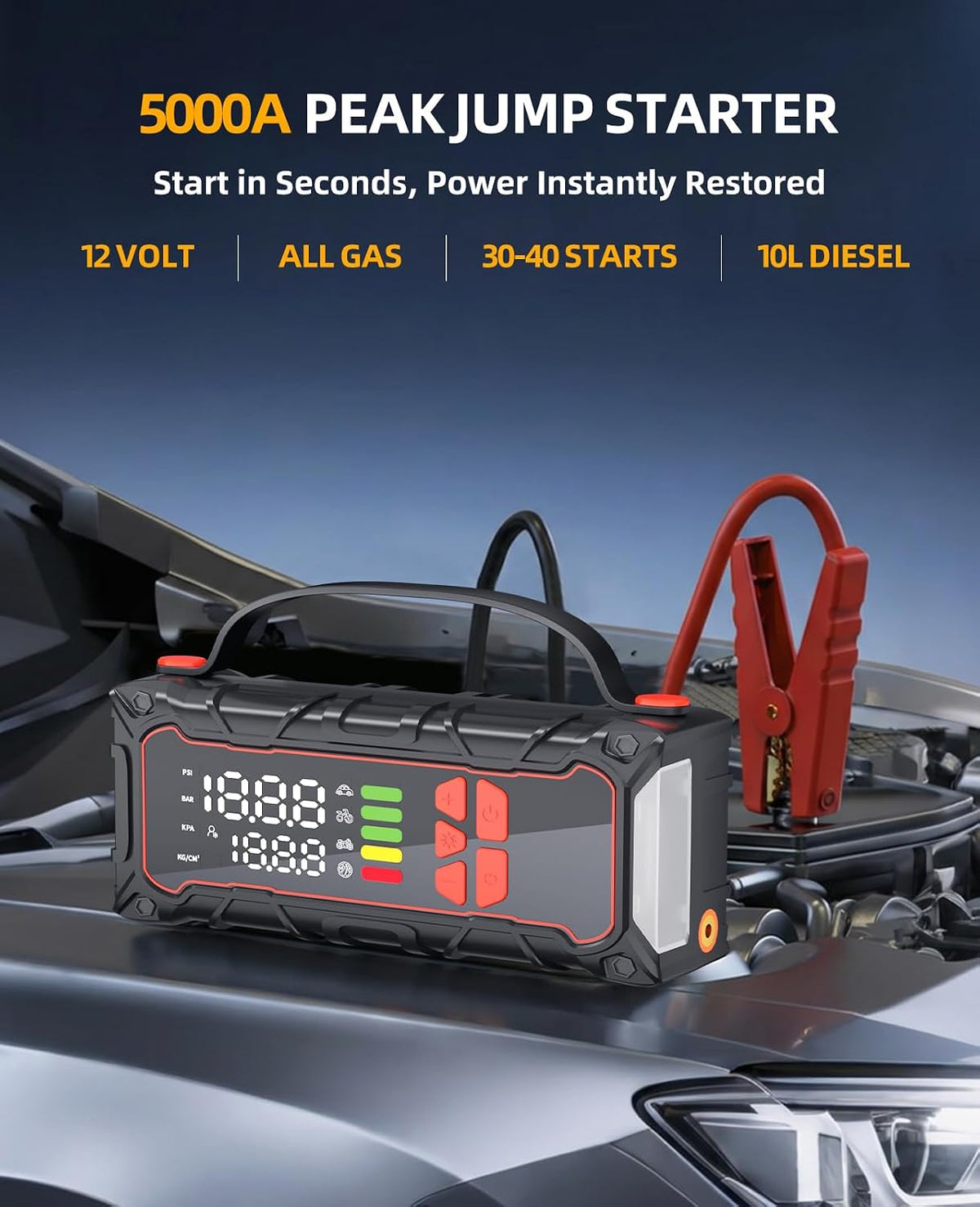 5000A Car Battery Jump Starter with Portable Tire Inflator 160PSI, Car Battery Charger 7.0L Gas/6.0L Diesel, Jump Box Power Bank& Jumper Cables for Car