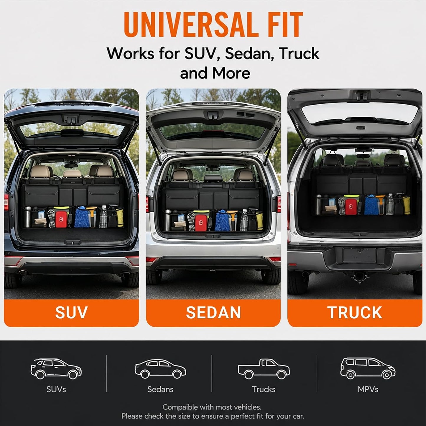 Car Trunk Organizer, Large Capacity Backseat Trunk Storage Organizer with 8 Pockets, Foldable SUV Cargo Organizer for SUV, Truck, Van & MPV, Black