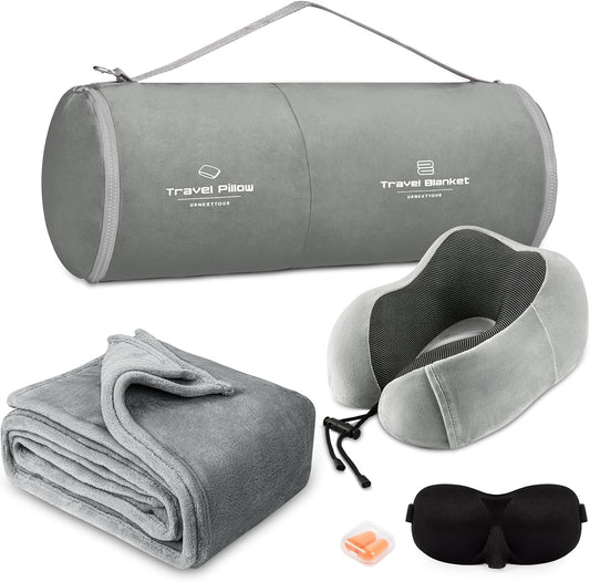 urnexttour Travel Pillow and Blanket Set Neck Pillows Travel Essentials with Sleep Mask for Airplane Car Memory Foam Grey