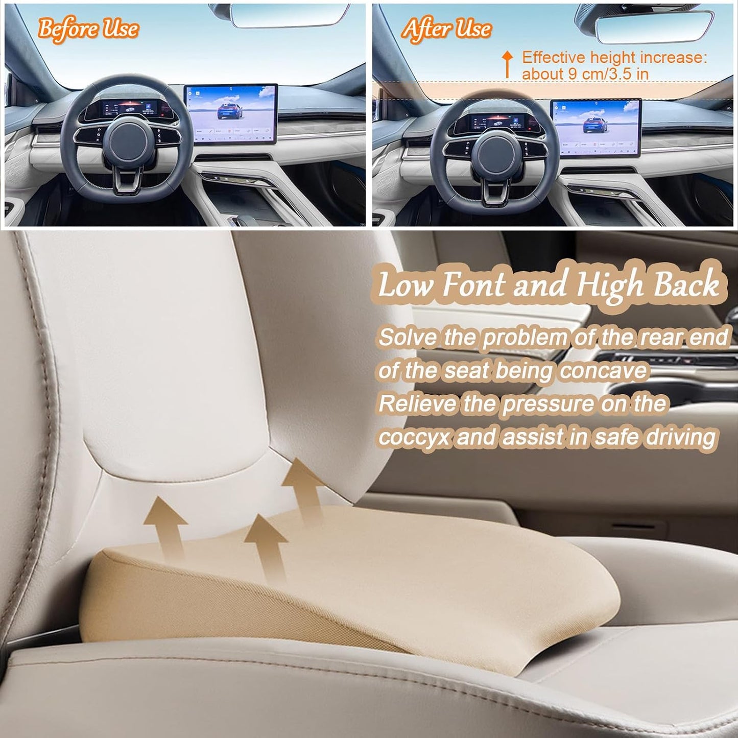 2 in 1 Wedge Car Cushions or Lumbar Support for Driving - 3.5 Inches Soft Memory Foam Driver Seat Cushion for Car Truck - Comfort Coccyx Cushion for Tailbone & Back Pain Relief, Brown