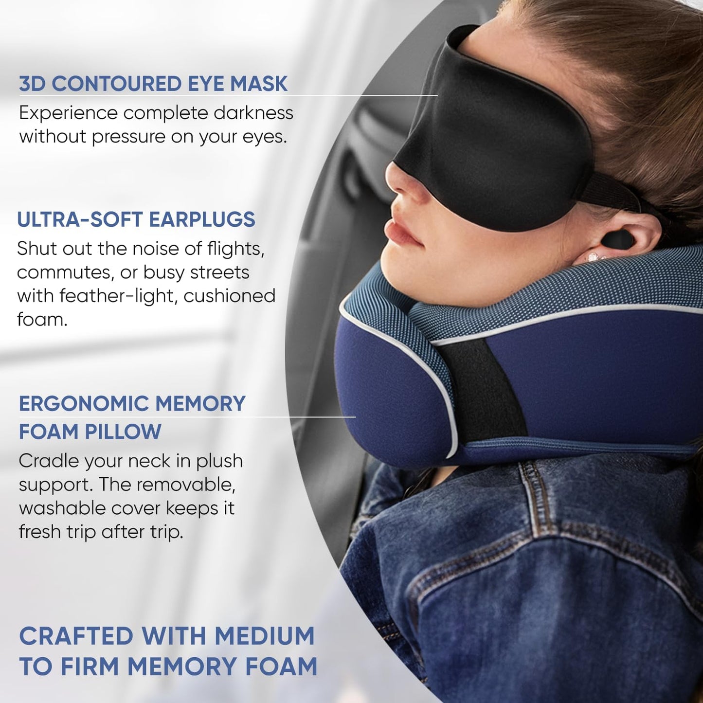 Proglobe Orthopedic Neck Pillow Travel Neck Pillows for Airplanes, Memory Foam Kit, Updated Resting Material, Airplane Travel Set with 3D Contoured Eye Masks, Earplugs, and Luxury Mesh Bag (Blue)