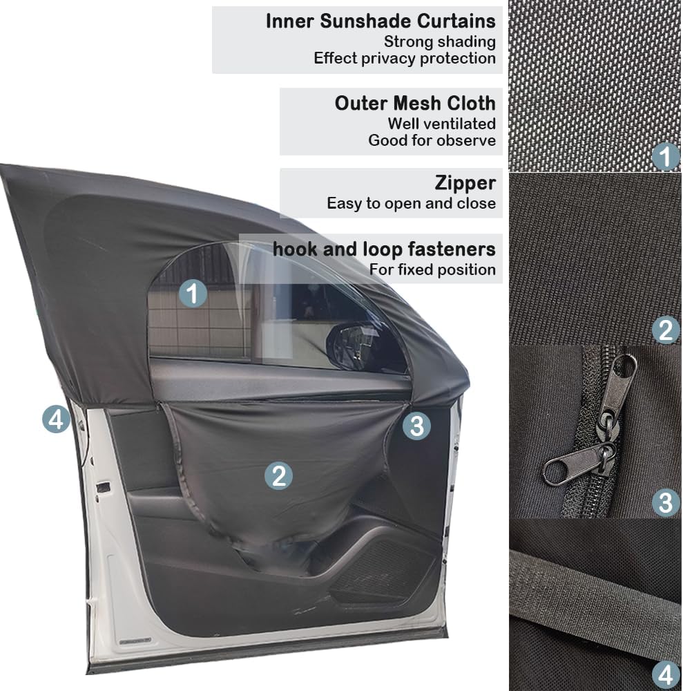 4PCS Car Window Shades with Zipper,Breathable Car Window Cover Baby Window Shades for Car,Camping Essentials Side Window Sun Shade for Privacy Protection Fits Most Cars