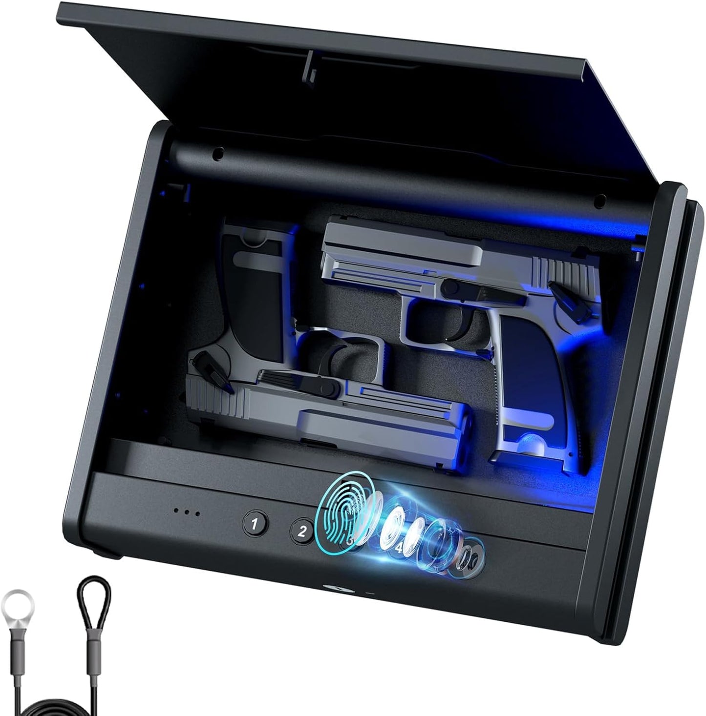 PINEWORLD Biometric Fingerprint Handgun Safe with Raised Backlit Keypad&Key | Interior Light & Emergency Power Supply& Voice Navigation & Mute Mode, With Cable For Home, Nightstand, Car,Travel. Nice Gift