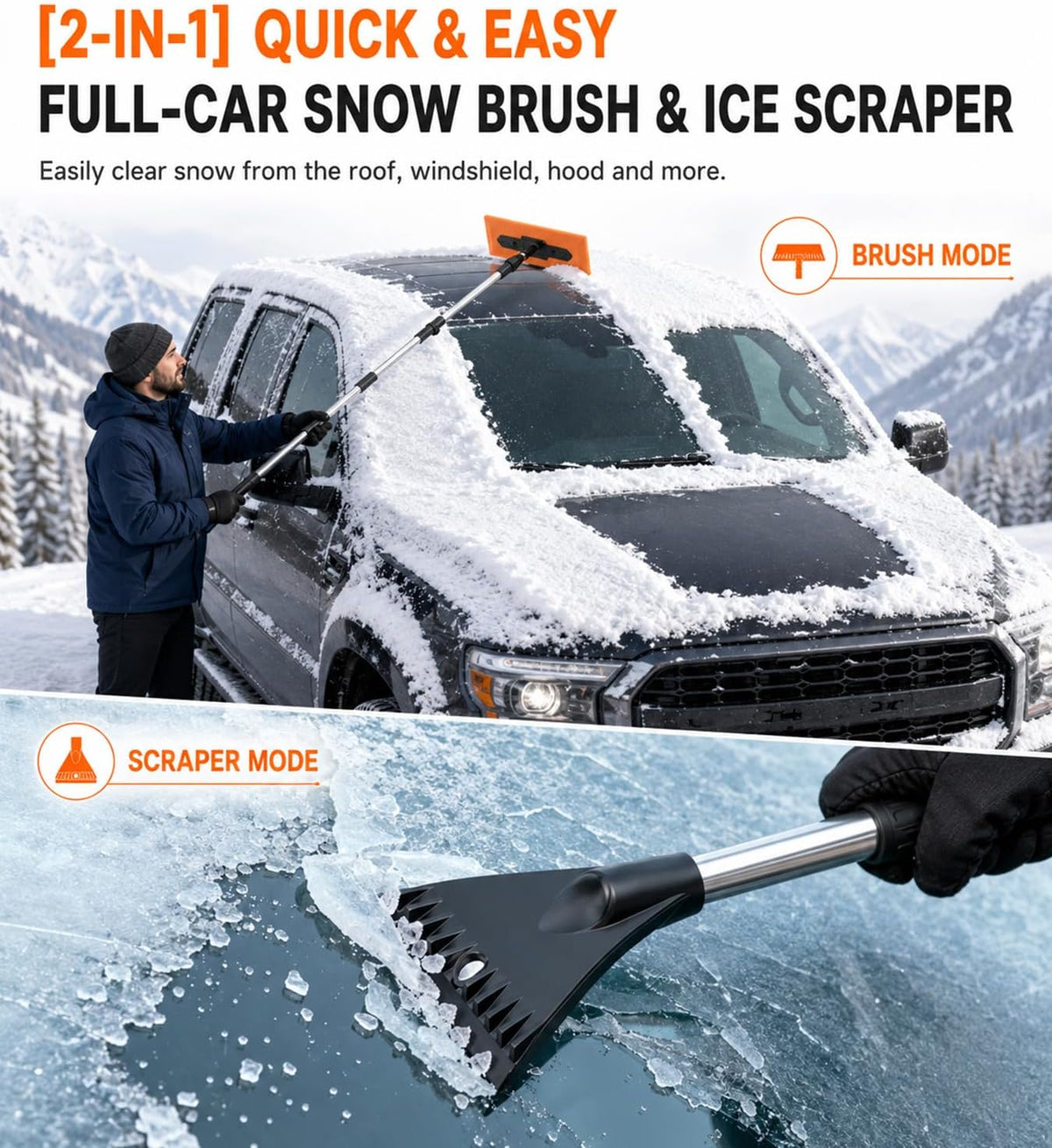 DooGooCoo 57.1" Snow Broom & Ice Scraper for Car with 16.3" Foam Brush